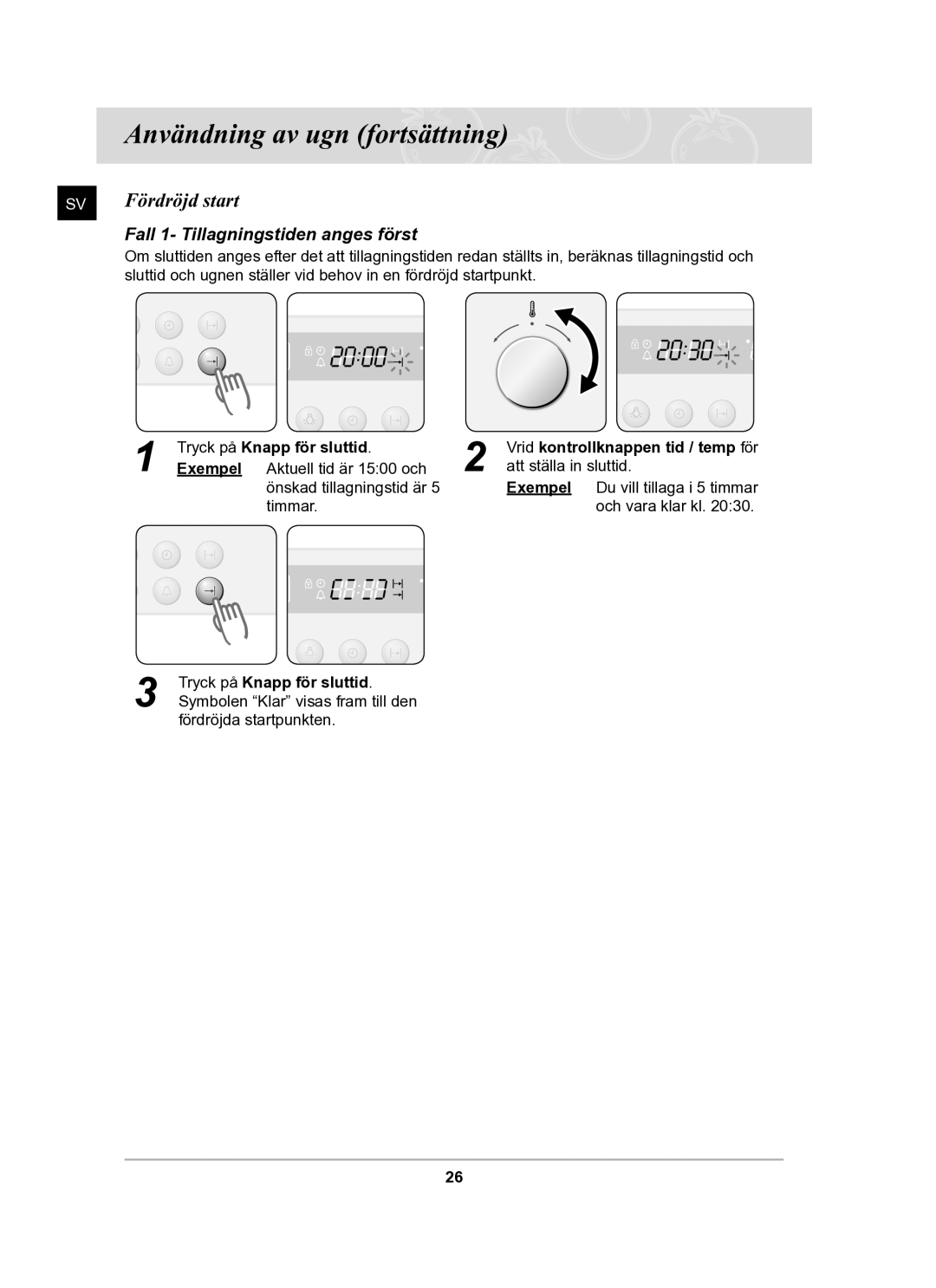 Samsung BF62CCBST/XEE manual Fördröjd start, Fall 1- Tillagningstiden anges först 