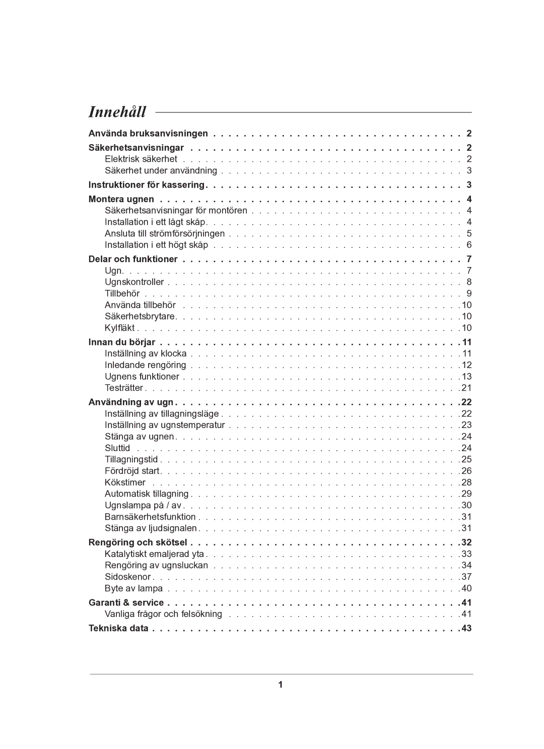 Samsung BF62CCBST/XEE manual Innehåll, Tekniska data 