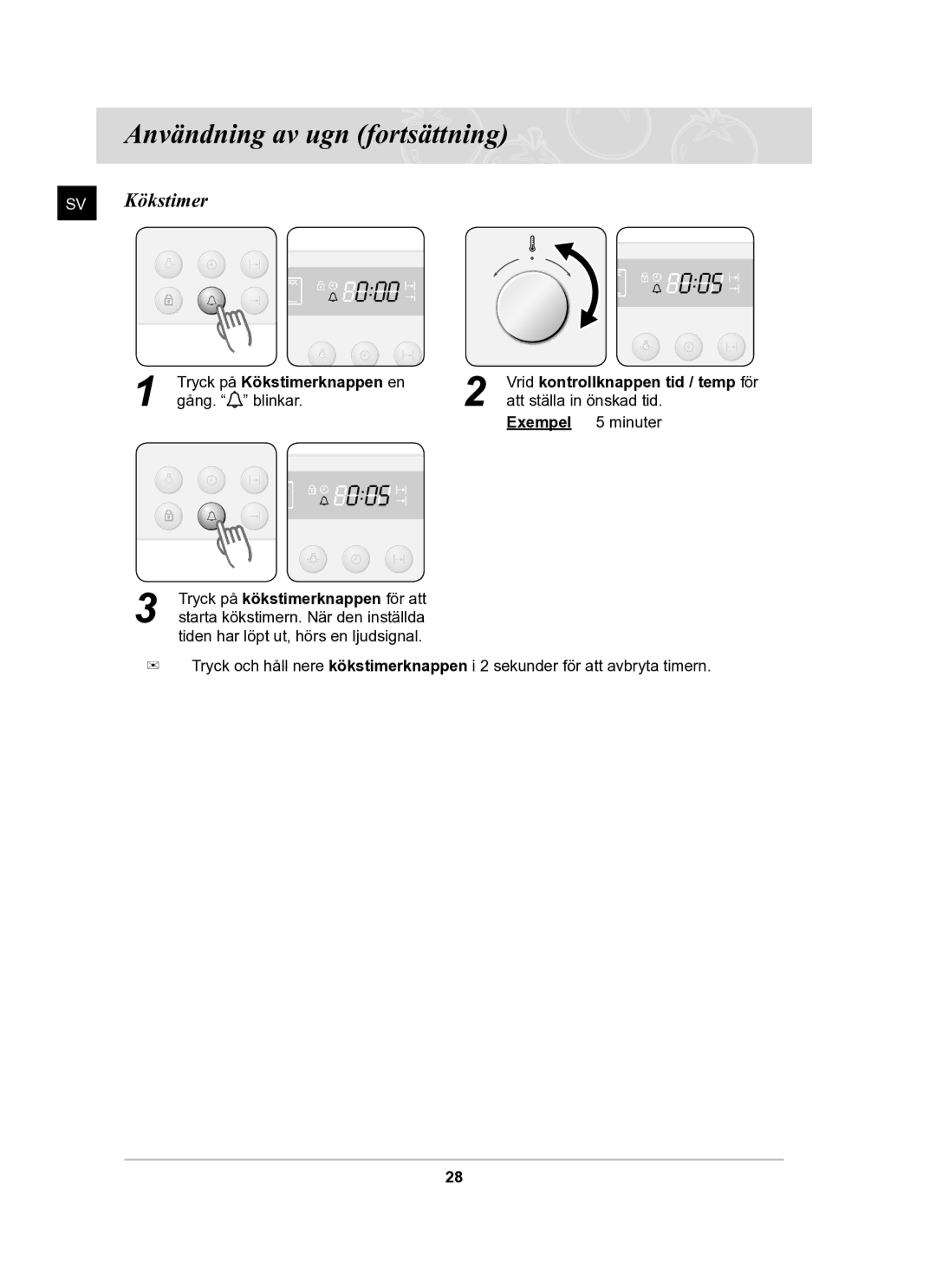 Samsung BF62CCBST/XEE manual SV Kökstimer, Tryck på Kökstimerknappen en 