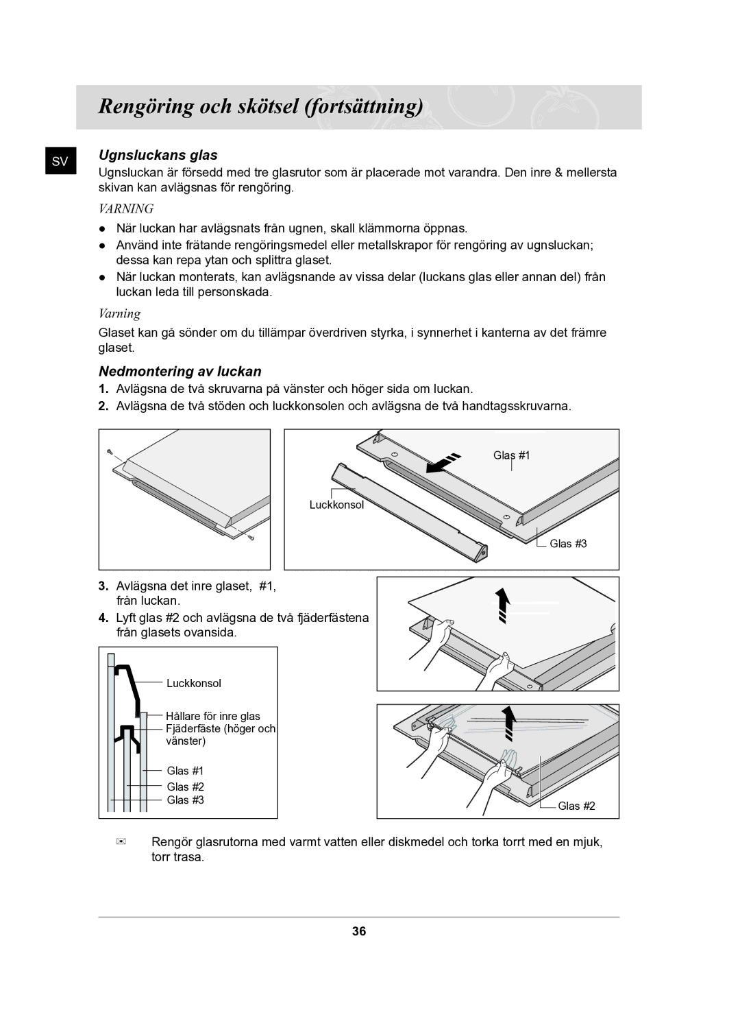 Samsung BF62CCBST/XEE manual Ugnsluckans glas, Nedmontering av luckan 