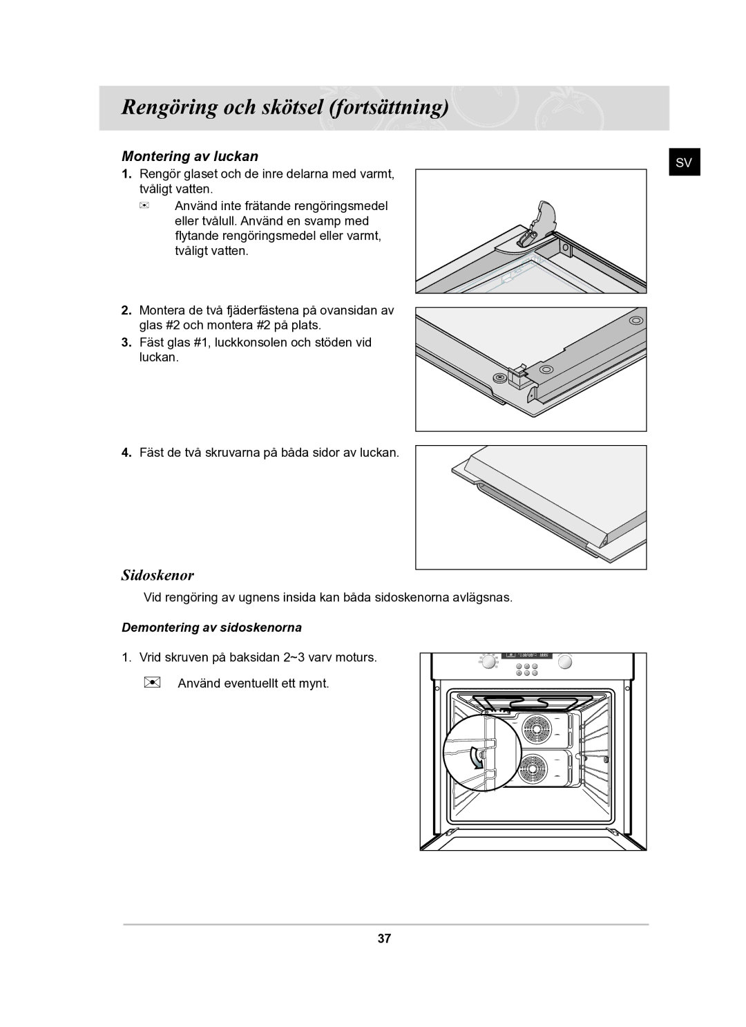 Samsung BF62CCBST/XEE manual Sidoskenor, Montering av luckan 