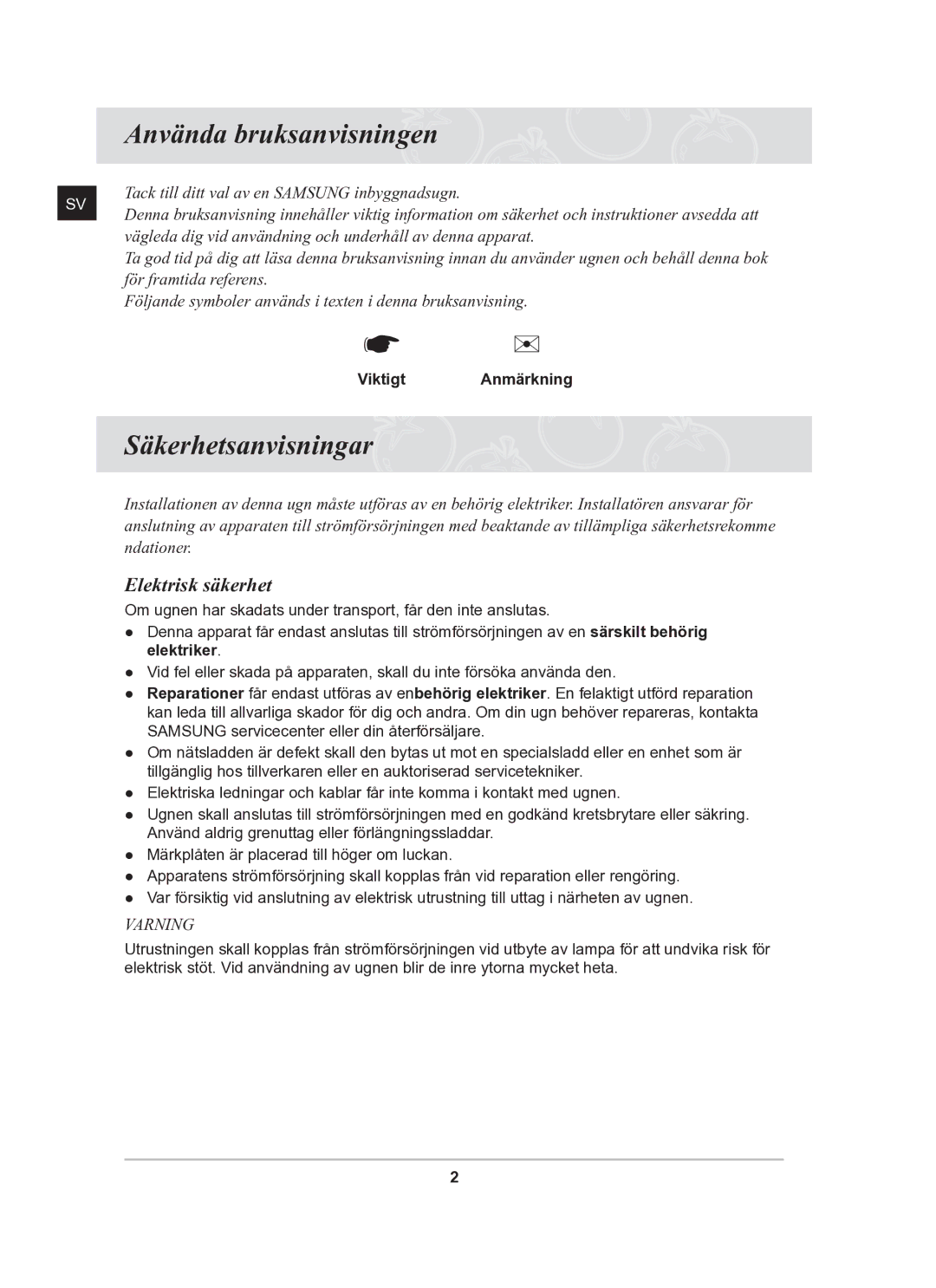 Samsung BF62CCBST/XEE manual Använda bruksanvisningen, Säkerhetsanvisningar, Elektrisk säkerhet, Viktigt Anmärkning 