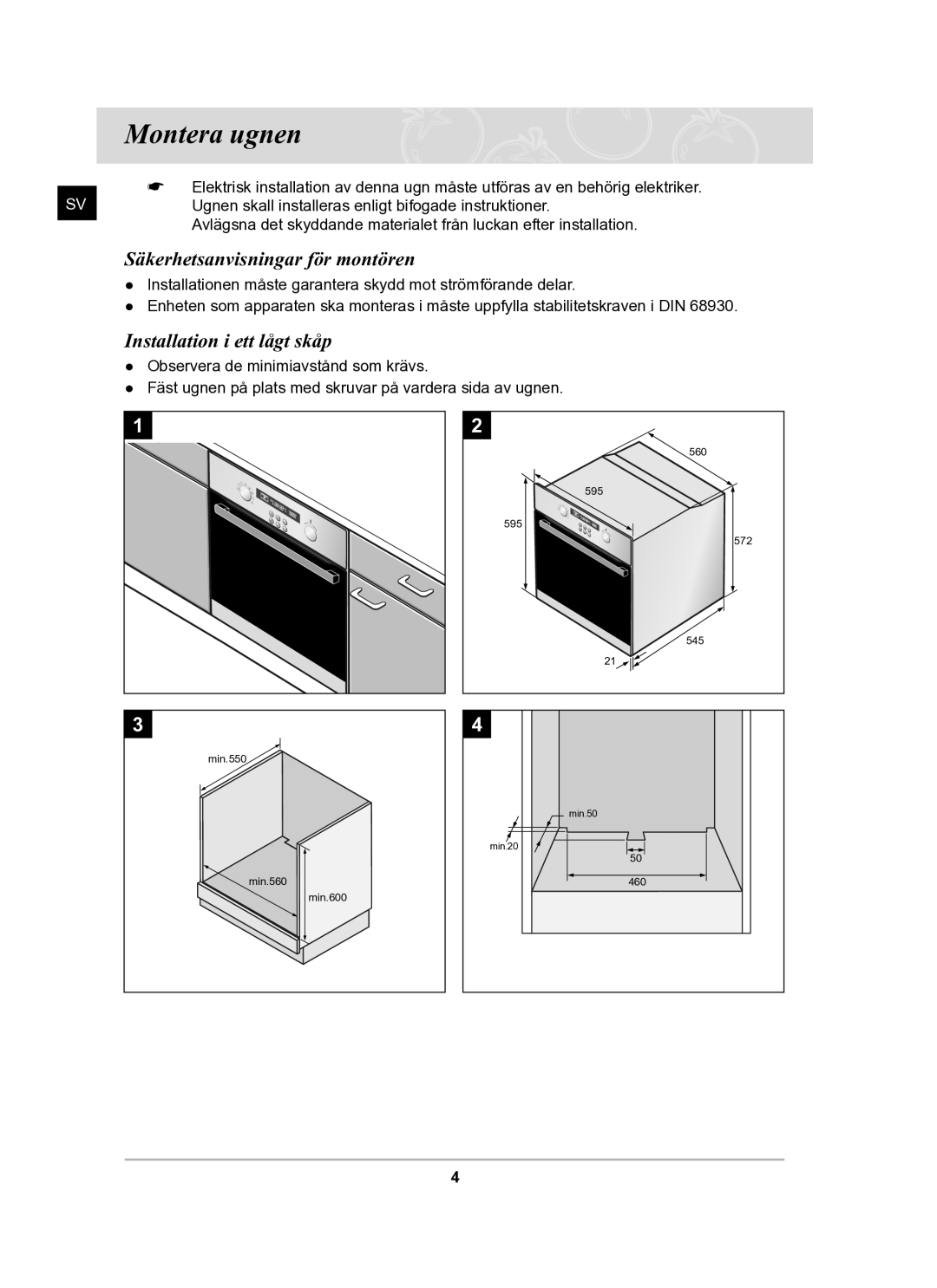 Samsung BF62CCBST/XEE manual Montera ugnen, Säkerhetsanvisningar för montören, Installation i ett lågt skåp 