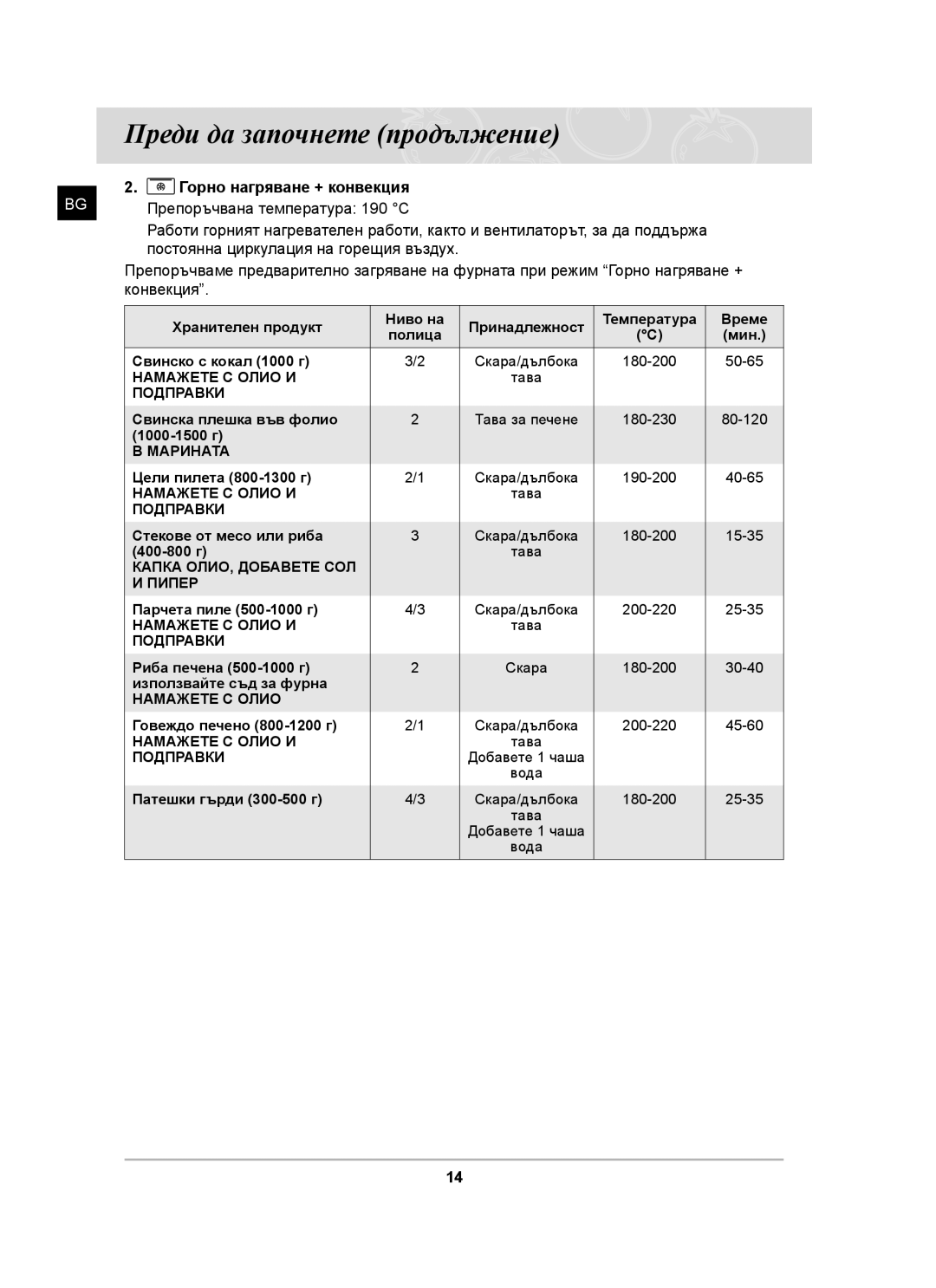 Samsung BF62CCST/BOL manual Горно нагряване + конвекция 