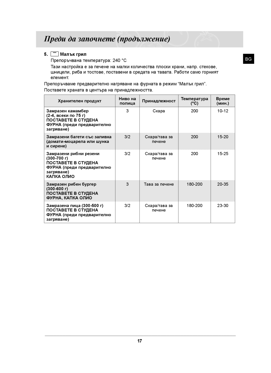 Samsung BF62CCST/BOL manual Малък грил Препоръчвана температура 240 C, Поставете В Студена 