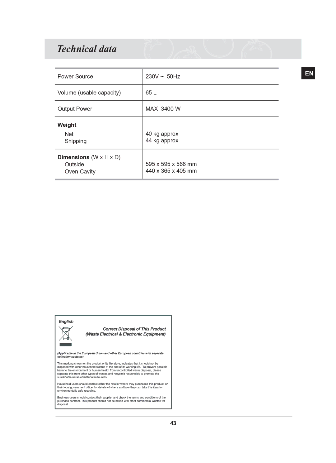 Samsung BF62CCST/BOL manual Technical data, Weight, Dimensions W x H x D 