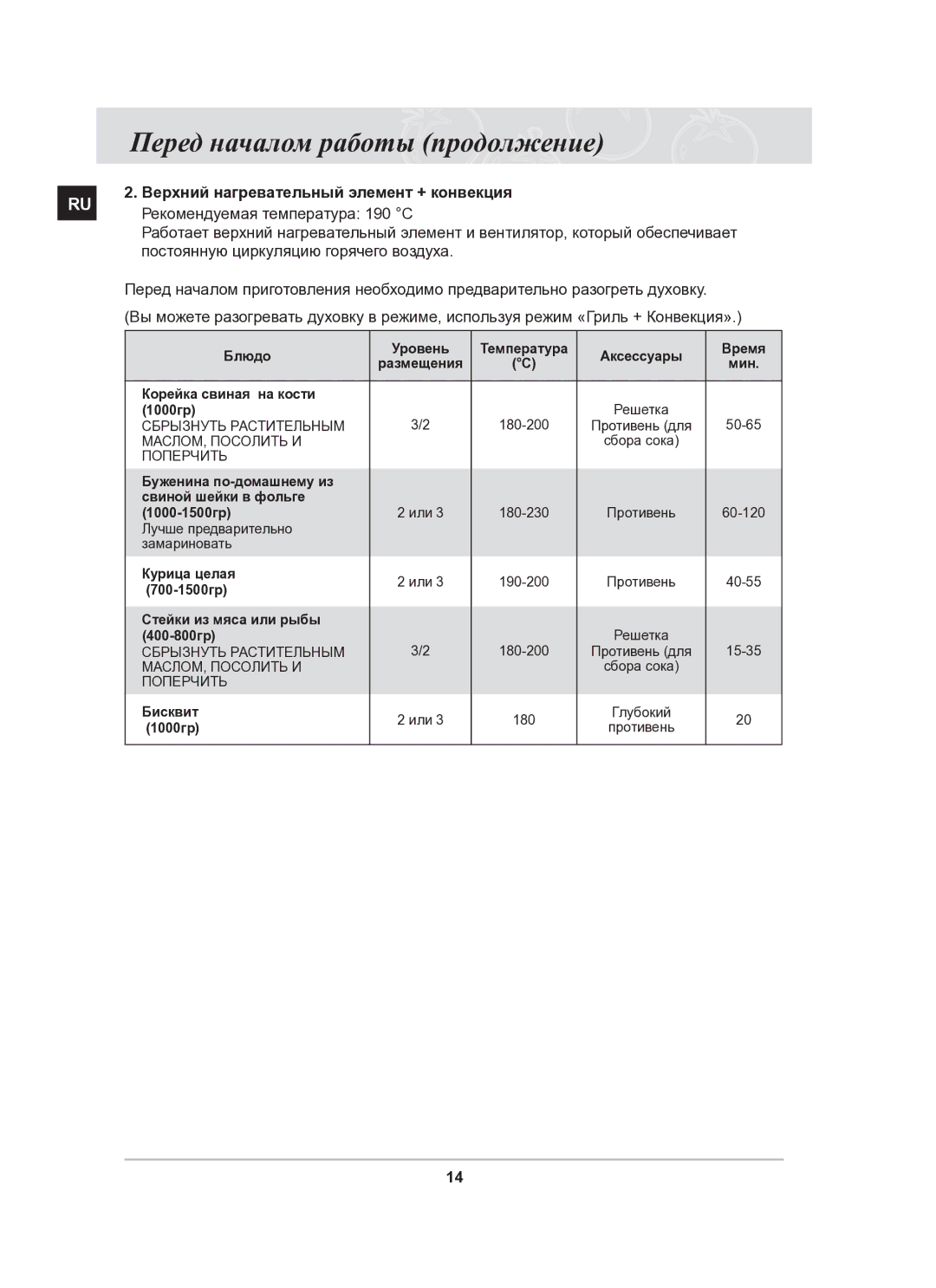 Samsung BF62CCSTR/BWT manual Верхний нагревательный элемент + конвекция, Рекомендуемая температура 190 С 