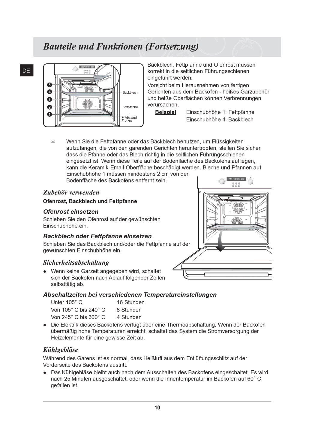 Samsung BF62CCST/XEG manual Zubehör verwenden, Sicherheitsabschaltung, Kühlgebläse 