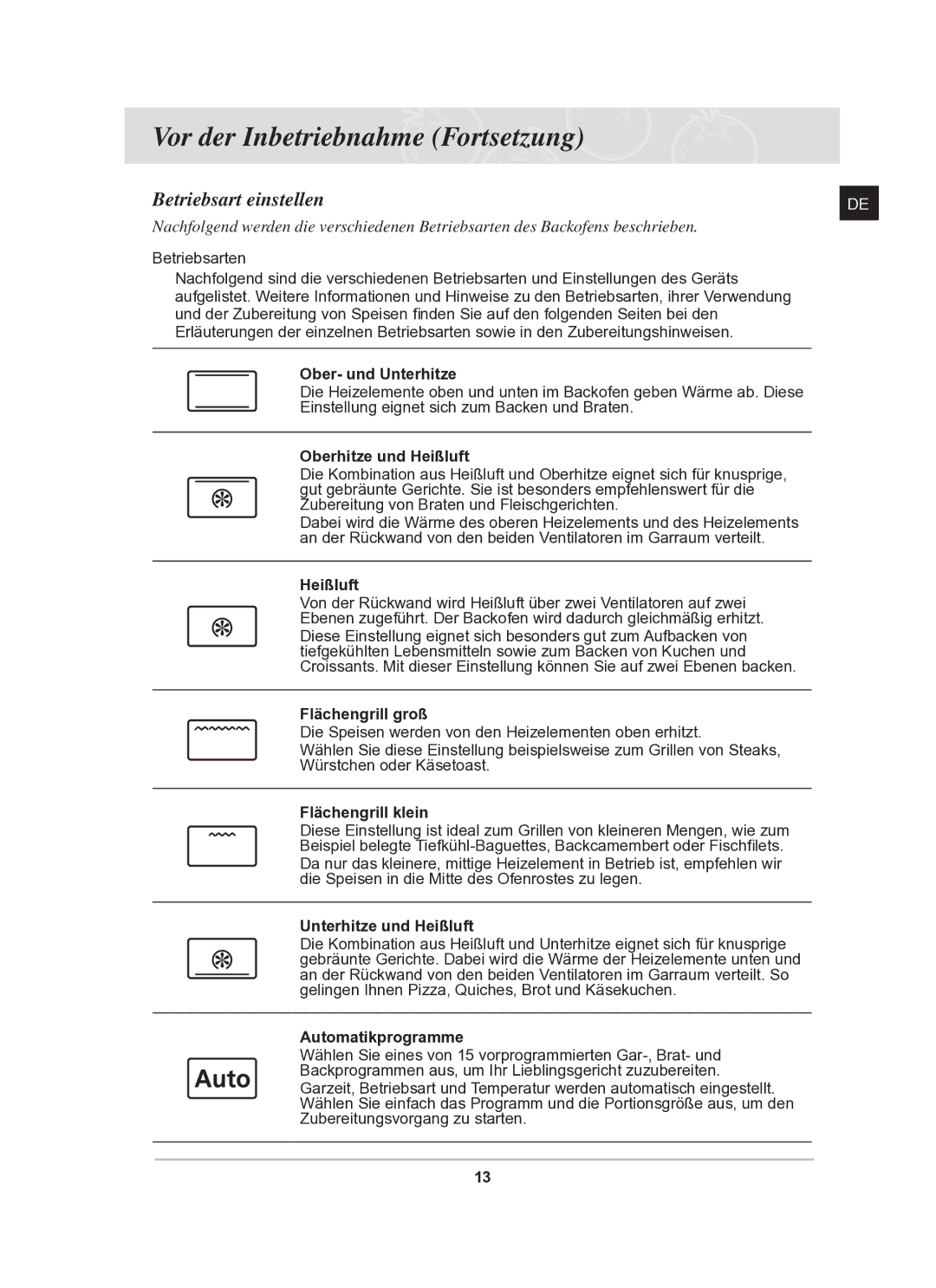 Samsung BF62CCST/XEG manual Betriebsart einstellen 