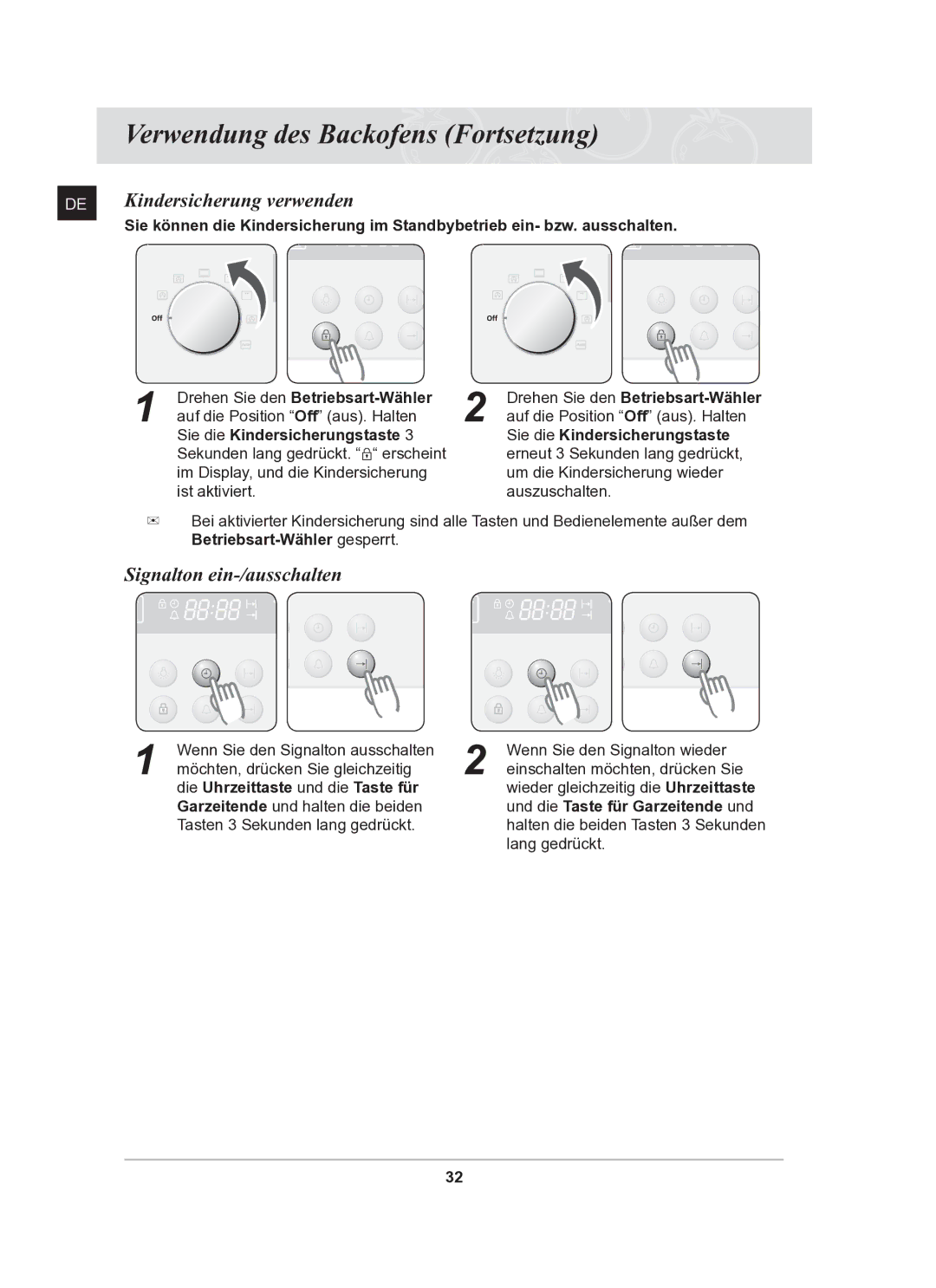 Samsung BF62CCST/XEG manual Kindersicherung verwenden, Signalton ein-/ausschalten 