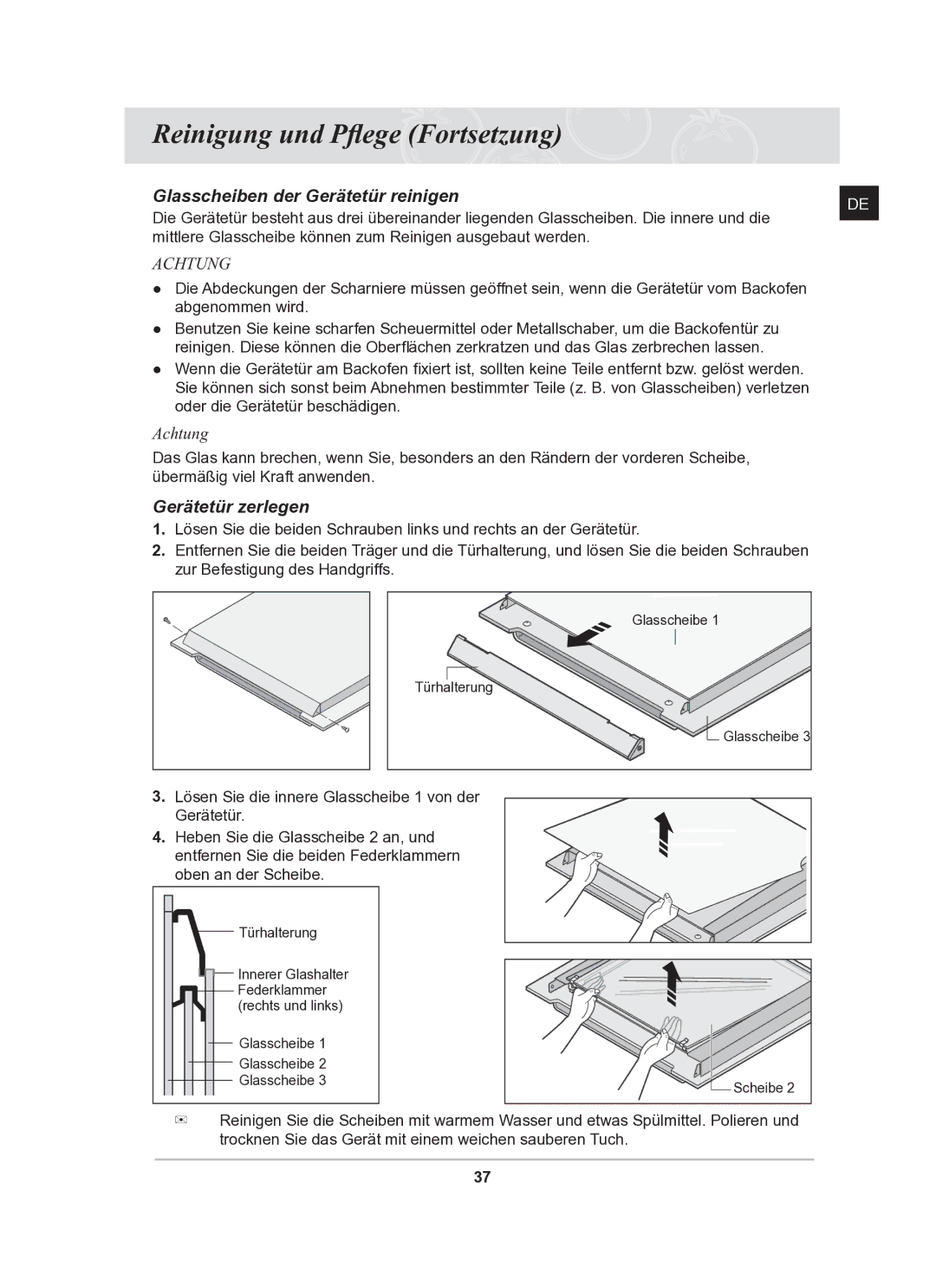 Samsung BF62CCST/XEG manual Glasscheiben der Gerätetür reinigen, Gerätetür zerlegen 