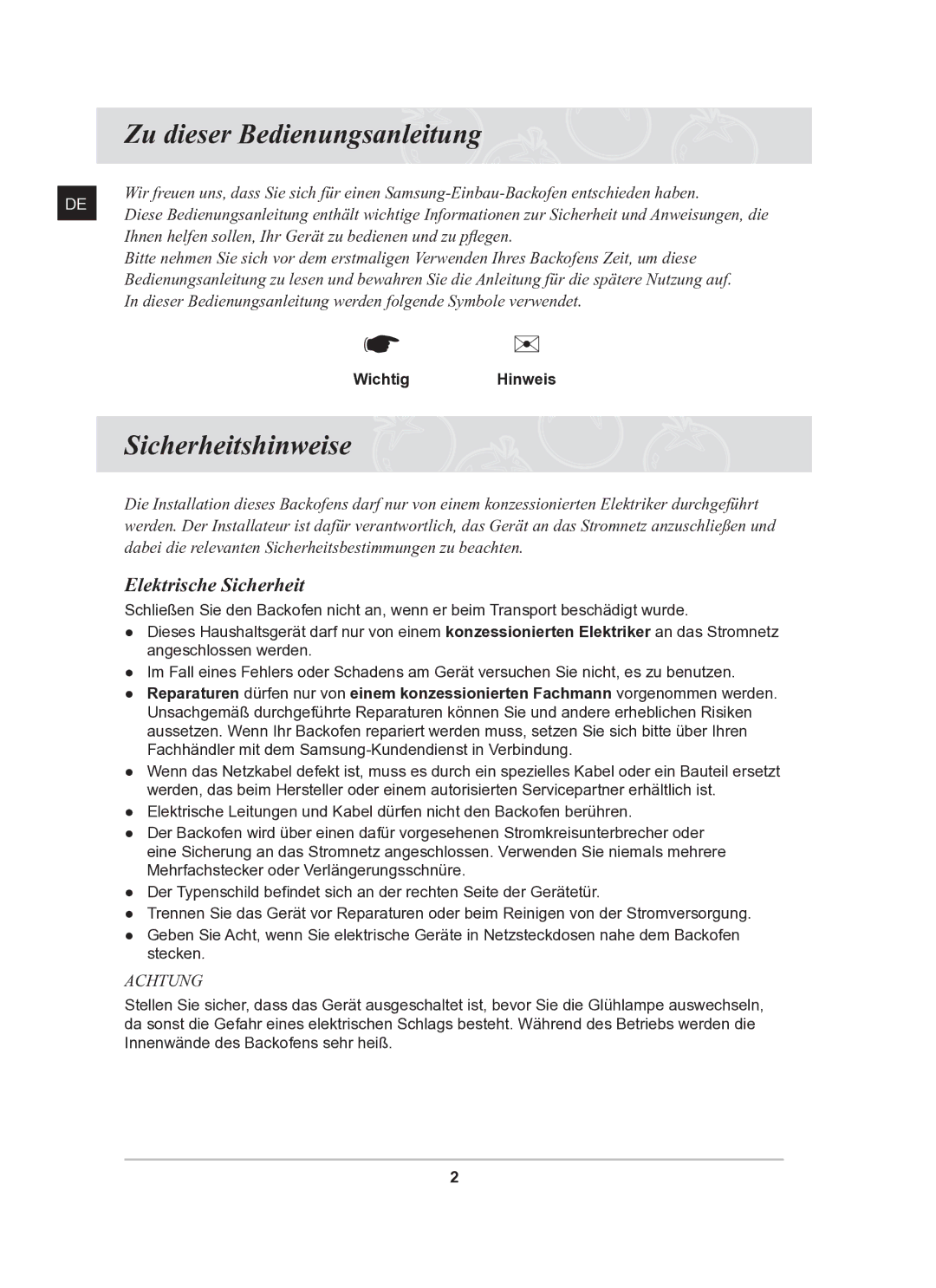 Samsung BF62CCST/XEG manual Zu dieser Bedienungsanleitung, Sicherheitshinweise, Elektrische Sicherheit, Wichtig Hinweis 