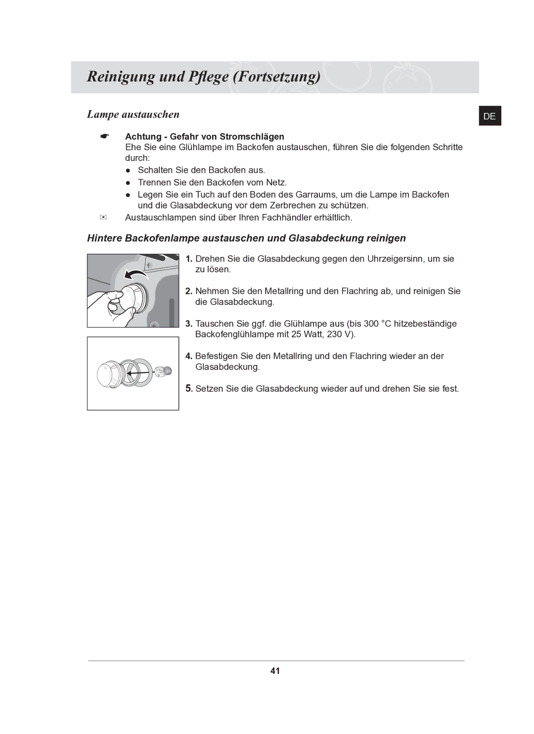 Samsung BF62CCST/XEG manual Lampe austauschen, Achtung Gefahr von Stromschlägen 