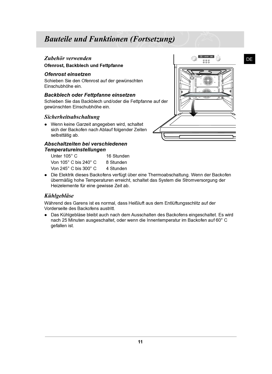 Samsung BF62TCSTD/XEG manual Zubehör verwenden, Sicherheitsabschaltung, Kühlgebläse 