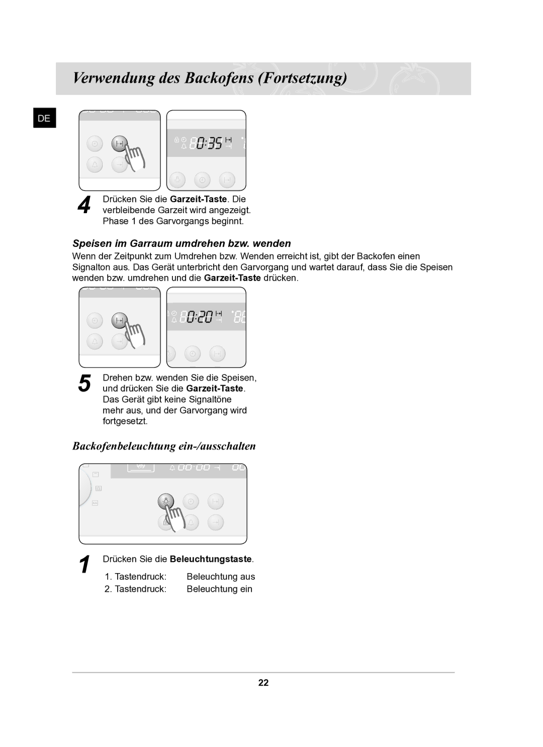 Samsung BF62TCSTD/XEG manual Backofenbeleuchtung ein-/ausschalten, Speisen im Garraum umdrehen bzw. wenden 