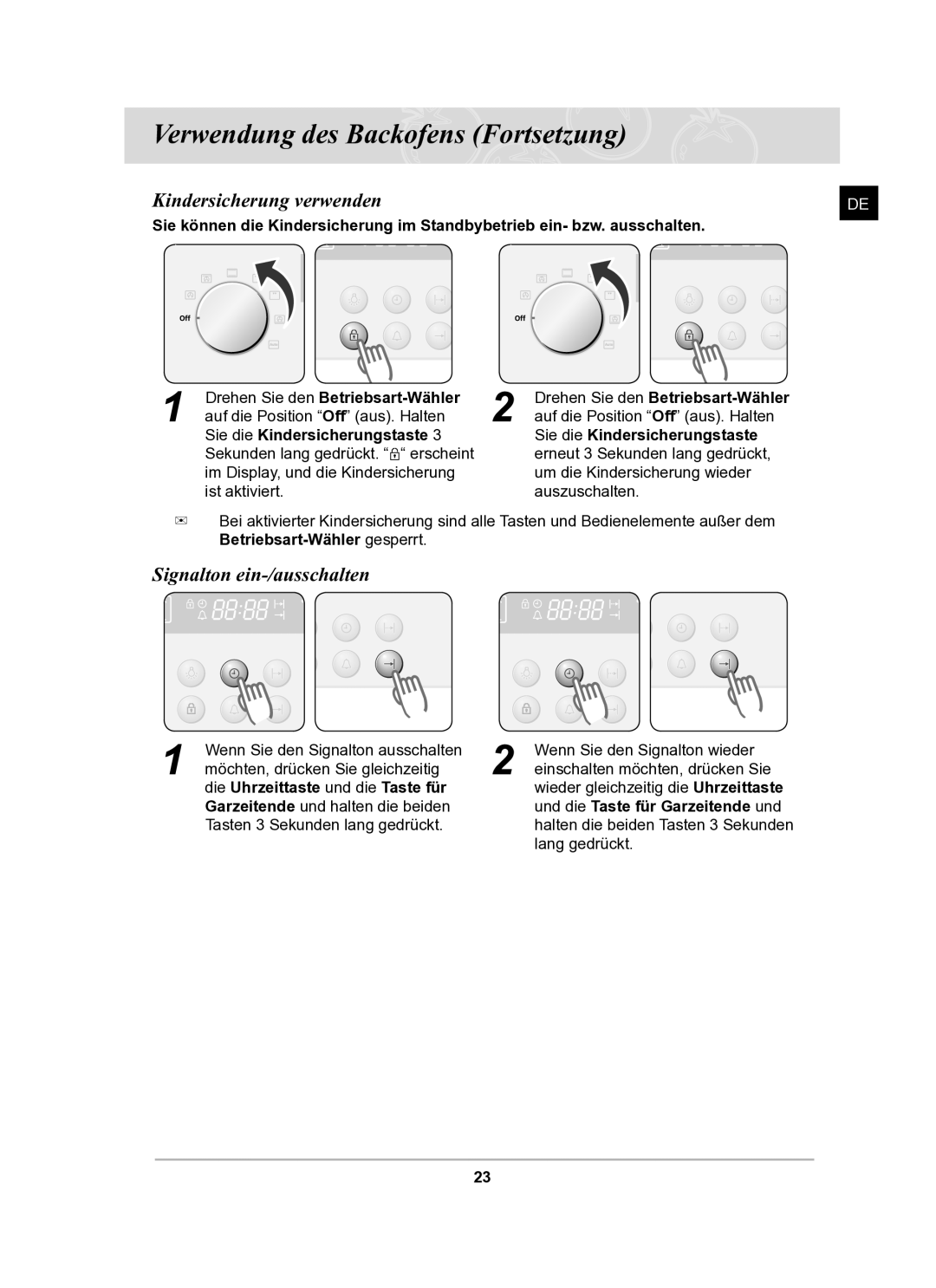 Samsung BF62TCSTD/XEG manual Kindersicherung verwenden, Signalton ein-/ausschalten 