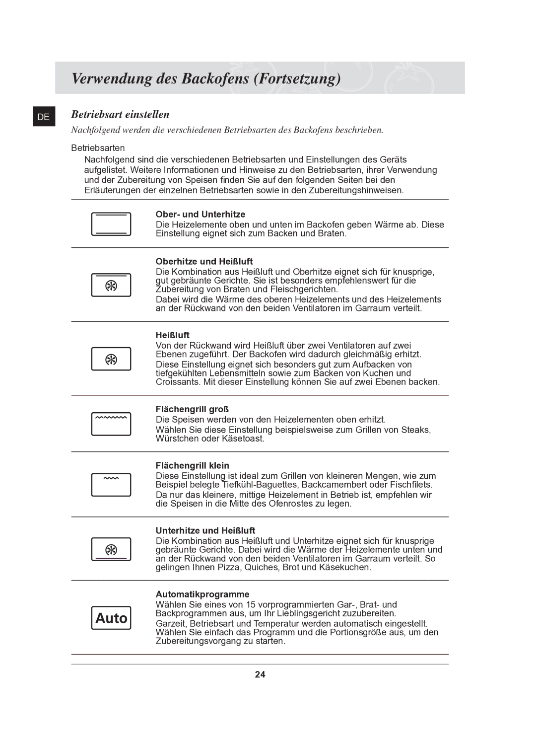 Samsung BF62TCSTD/XEG manual DE Betriebsart einstellen 