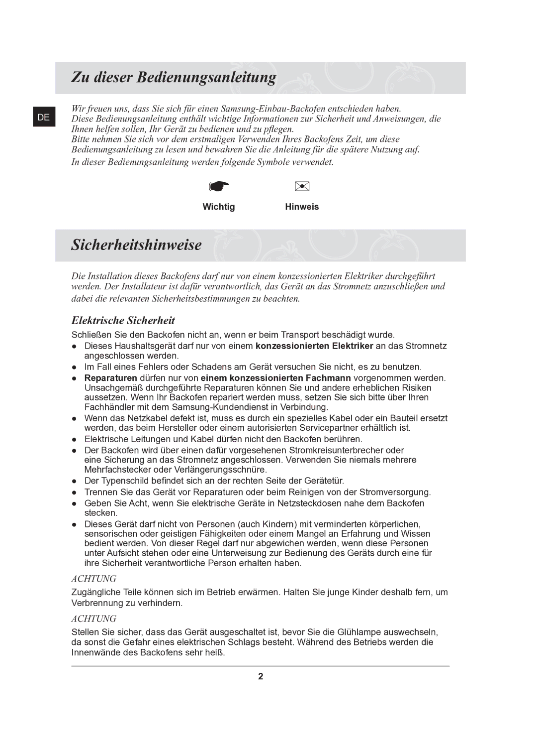 Samsung BF62TCSTD/XEG manual Zu dieser Bedienungsanleitung, Sicherheitshinweise, Elektrische Sicherheit, Wichtig Hinweis 