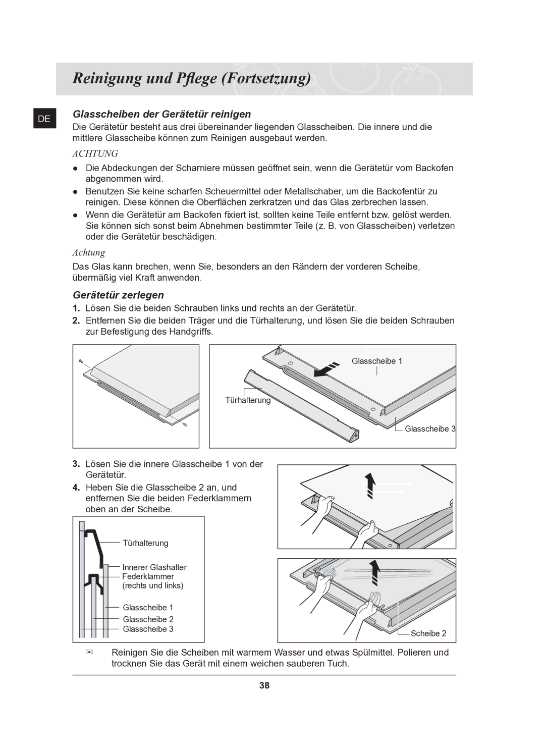 Samsung BF62TCSTD/XEG manual Glasscheiben der Gerätetür reinigen, Gerätetür zerlegen 