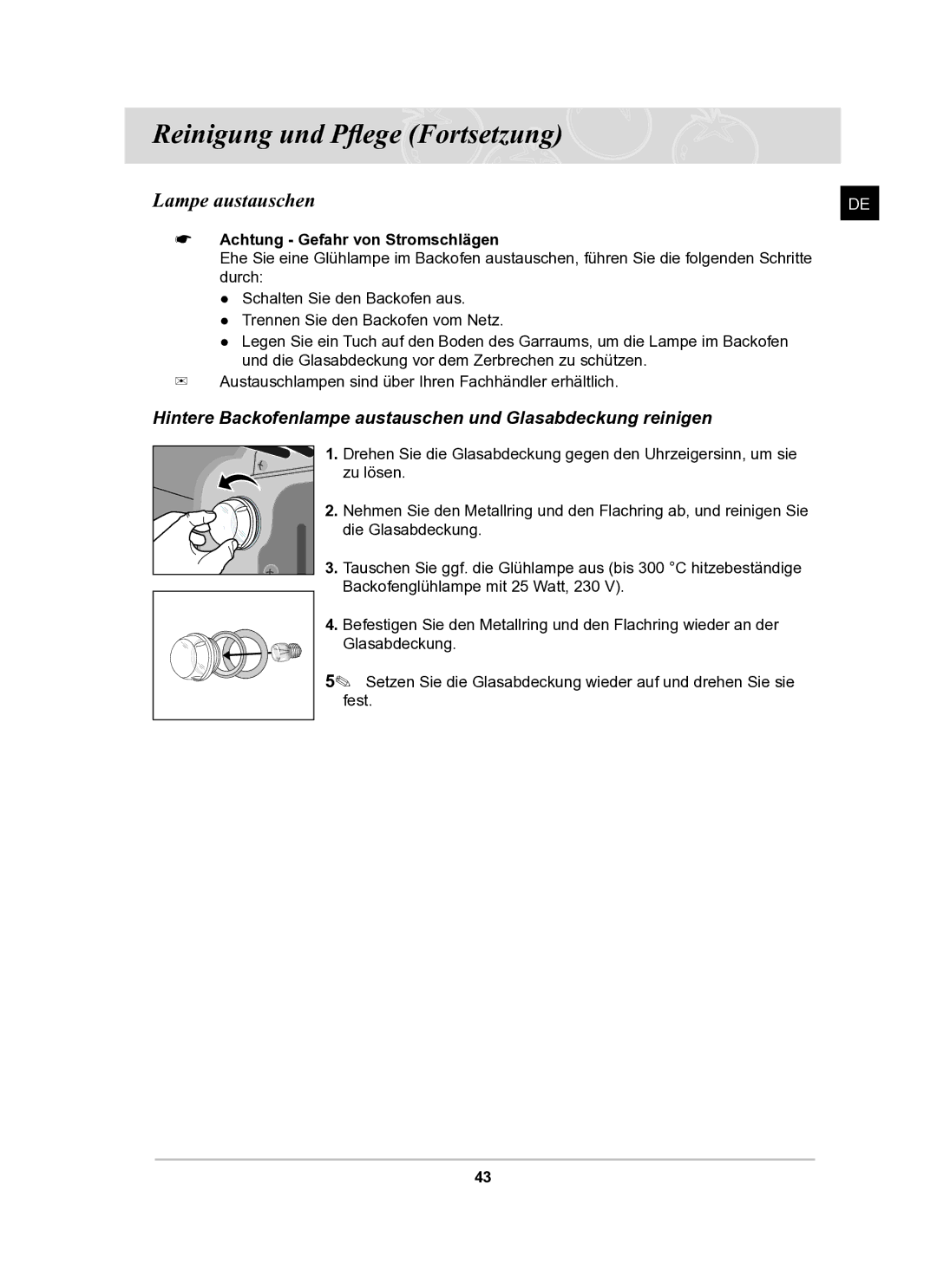 Samsung BF62TCSTD/XEG manual Lampe austauschen, Achtung Gefahr von Stromschlägen 