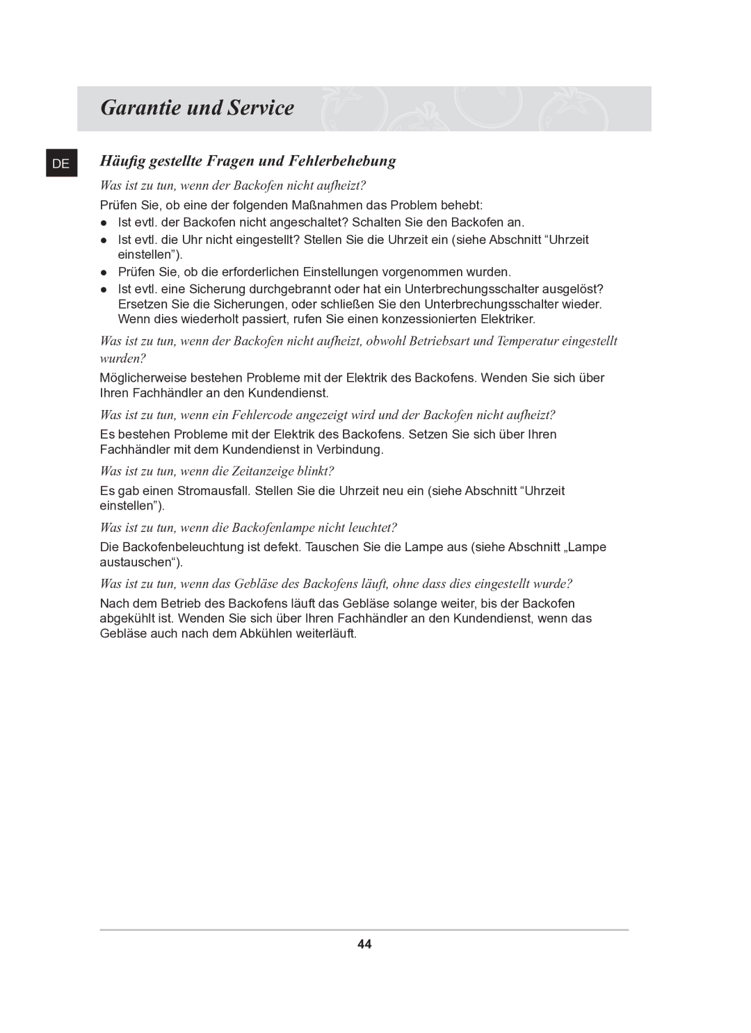 Samsung BF62TCSTD/XEG manual Garantie und Service, Häufig gestellte Fragen und Fehlerbehebung 