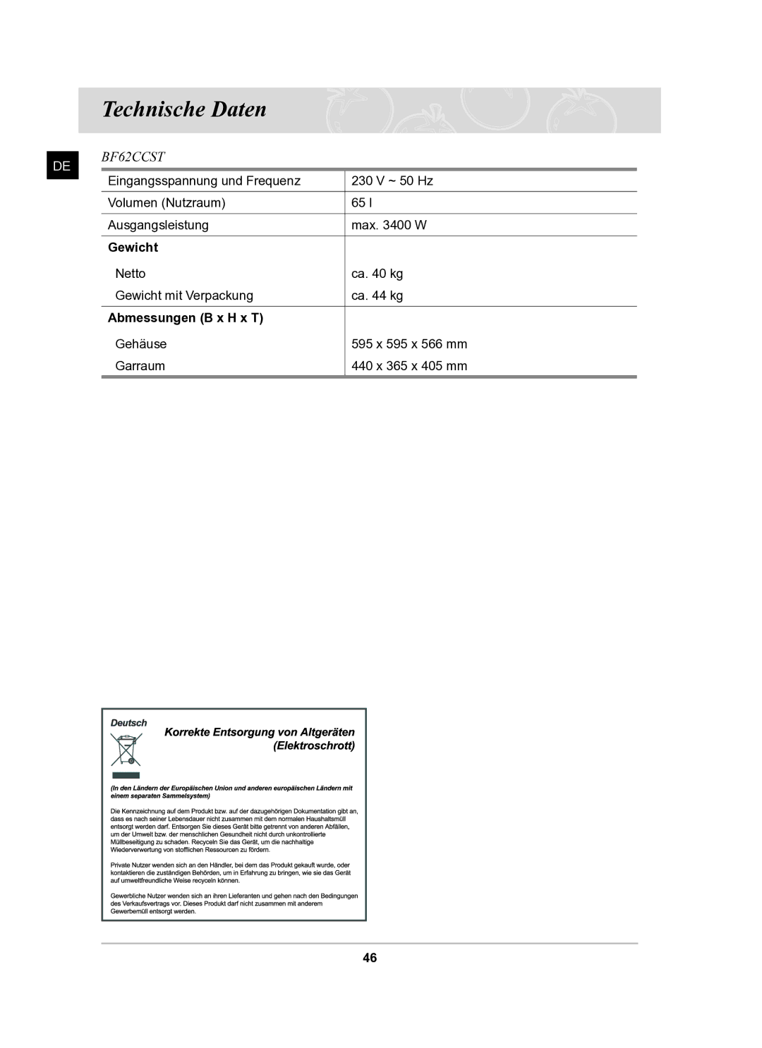 Samsung BF62TCSTD/XEG manual Technische Daten, Gewicht, Abmessungen B x H x T 