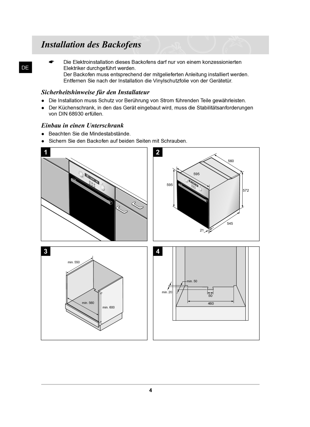 Samsung BF62TCSTD/XEG Installation des Backofens, Sicherheitshinweise für den Installateur, Einbau in einen Unterschrank 