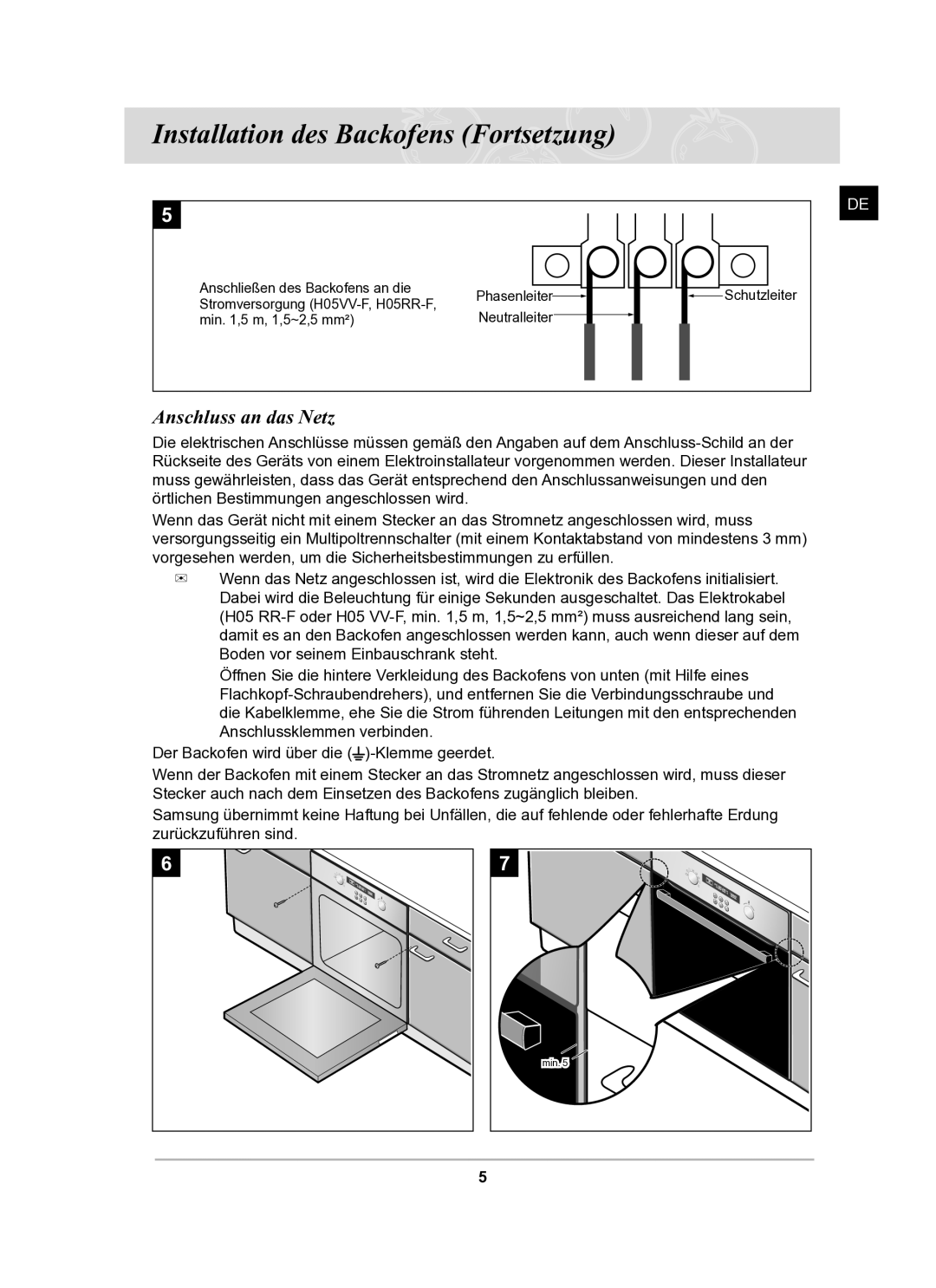 Samsung BF62TCSTD/XEG manual Installation des Backofens Fortsetzung, Anschluss an das Netz 