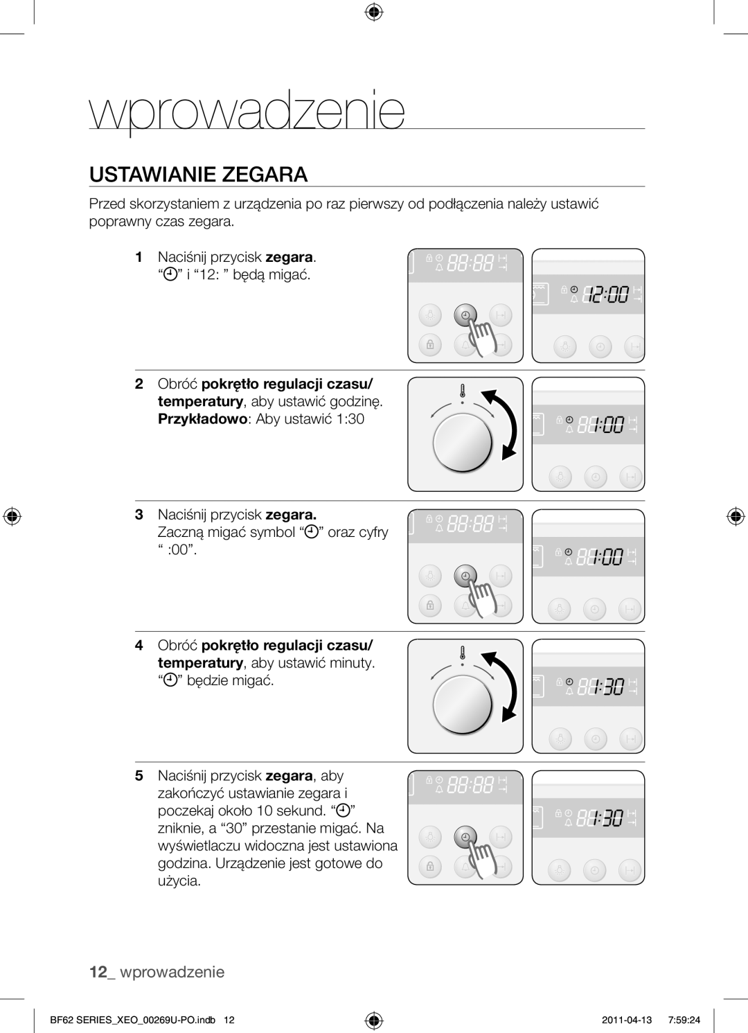 Samsung BF62TCST/XEG manual Wprowadzenie, Ustawianie zegara, Naciśnij przycisk zegara Zaczną migać symbol oraz cyfry 