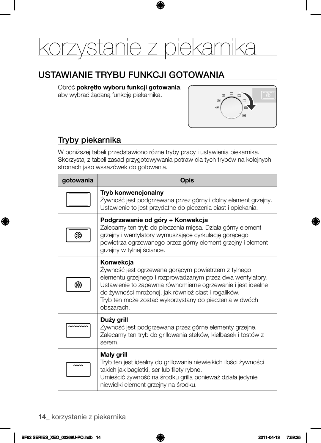 Samsung BF62TCST/XEG, BF62TCST/XEO manual Korzystanie z piekarnika, Ustawianie trybu funkcji gotowania, Tryby piekarnika 