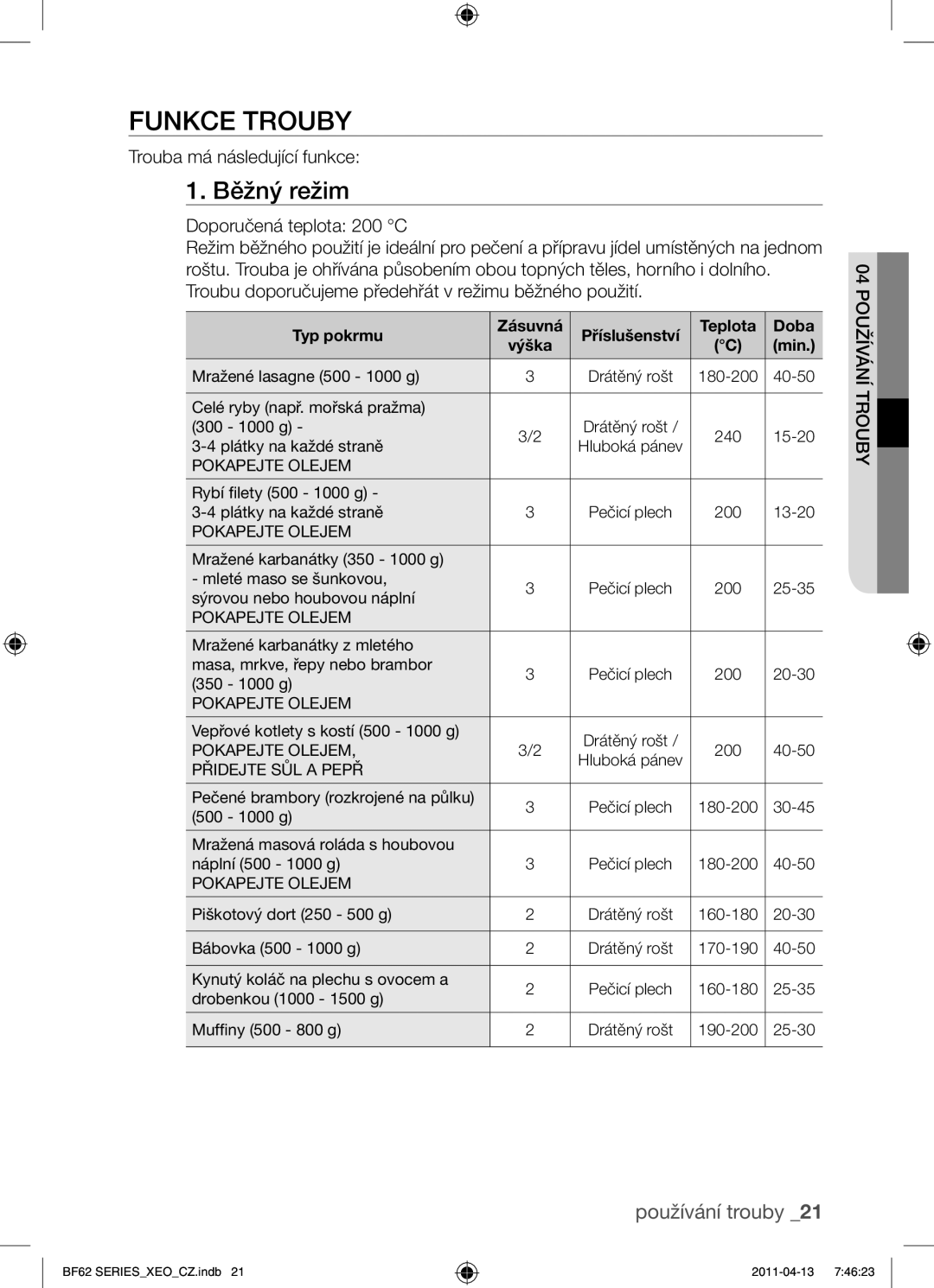 Samsung BF62TCST/XEO manual Funkce trouby, Běžný režim, Trouba má následující funkce, Typ pokrmu Zásuvná, Teplota Doba 