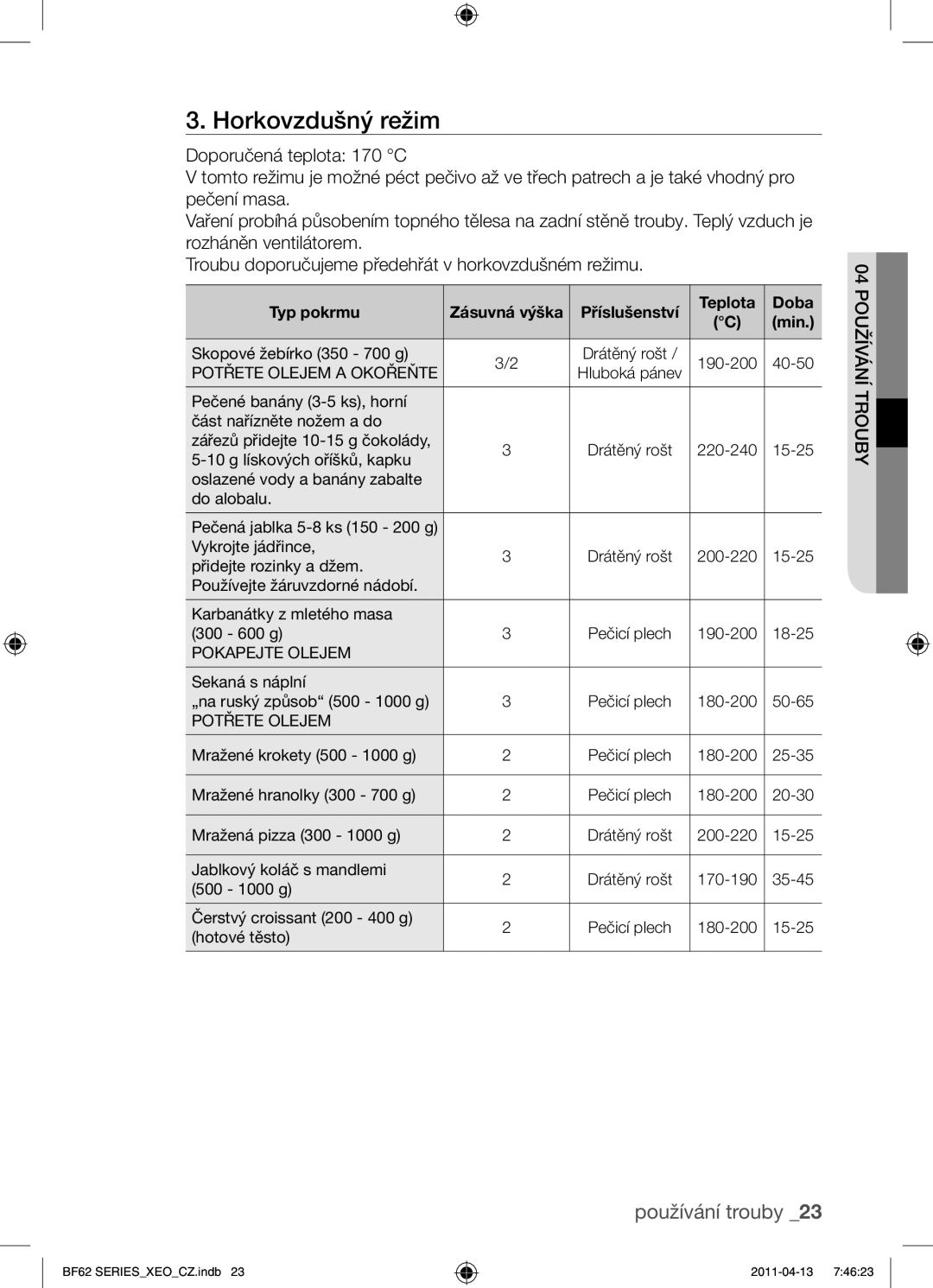 Samsung BF62TCST/XEO, BF62TCST/XEG manual Horkovzdušný režim, Typ pokrmu, Teplota Doba Min 