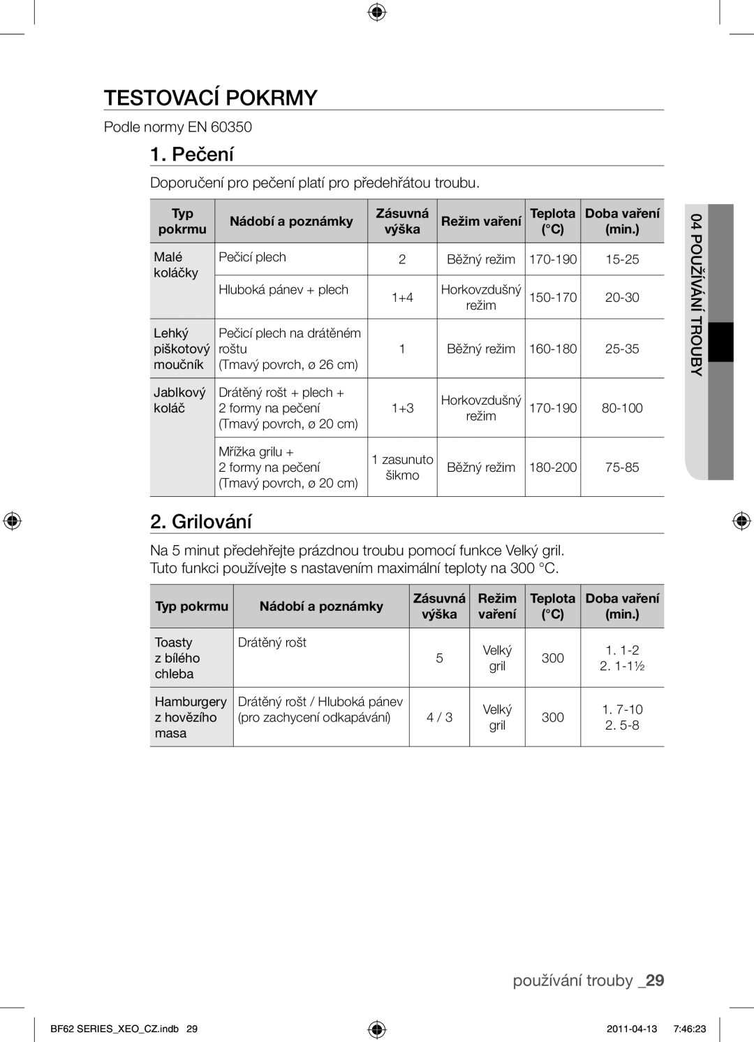 Samsung BF62TCST/XEO, BF62TCST/XEG manual Testovací pokrmy, Pečení, Grilování, Podle normy EN 