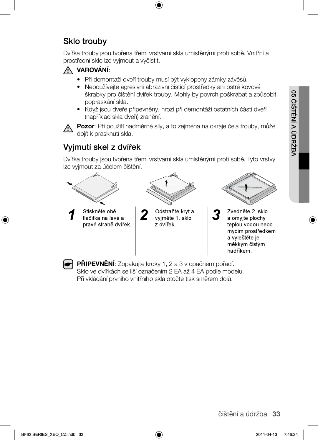 Samsung BF62TCST/XEO, BF62TCST/XEG manual Sklo trouby, Vyjmutí skel z dvířek 