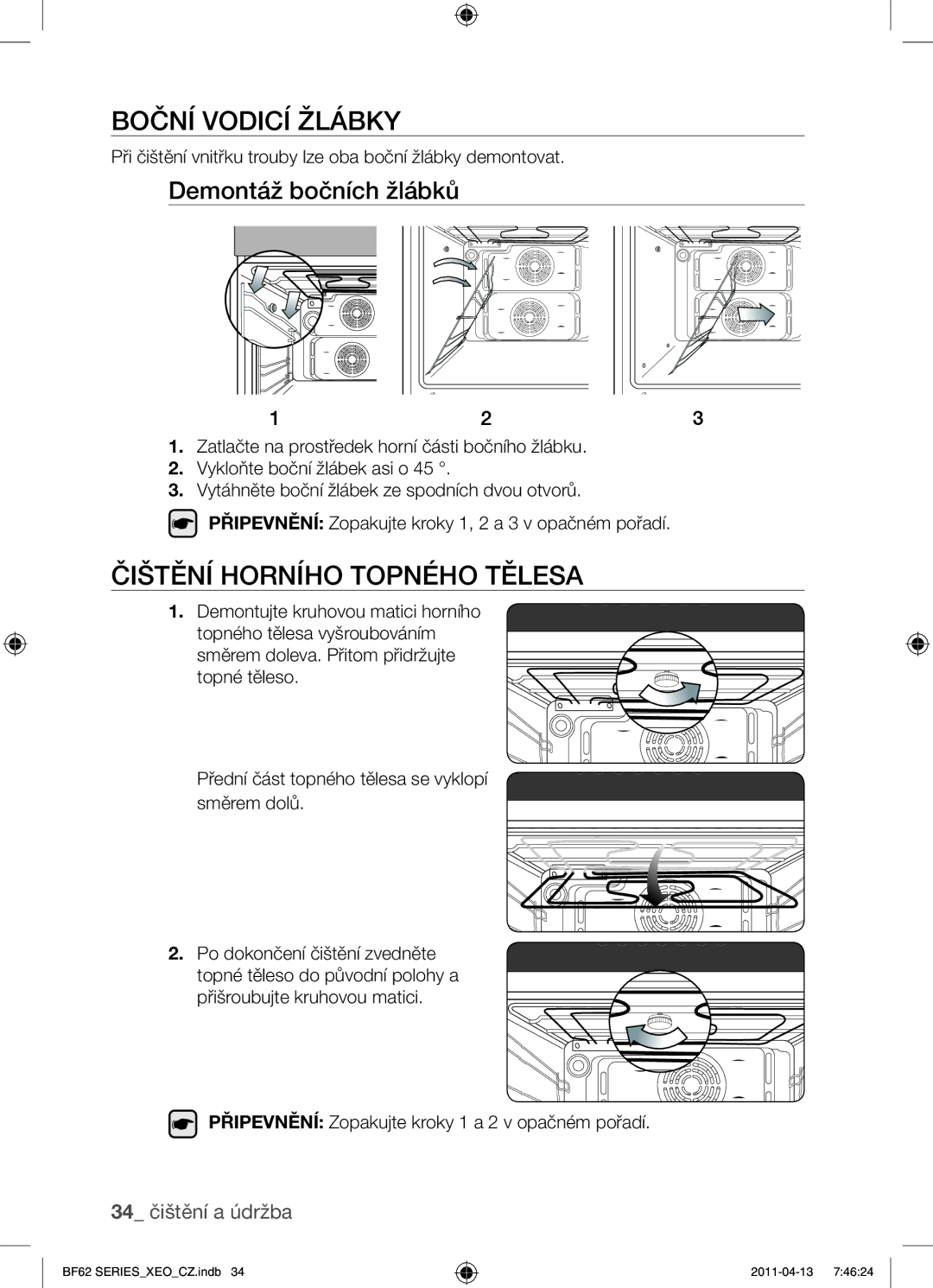 Samsung BF62TCST/XEG, BF62TCST/XEO manual Boční vodicí žlábky, Čištění horního topného tělesa, Demontáž bočních žlábků 