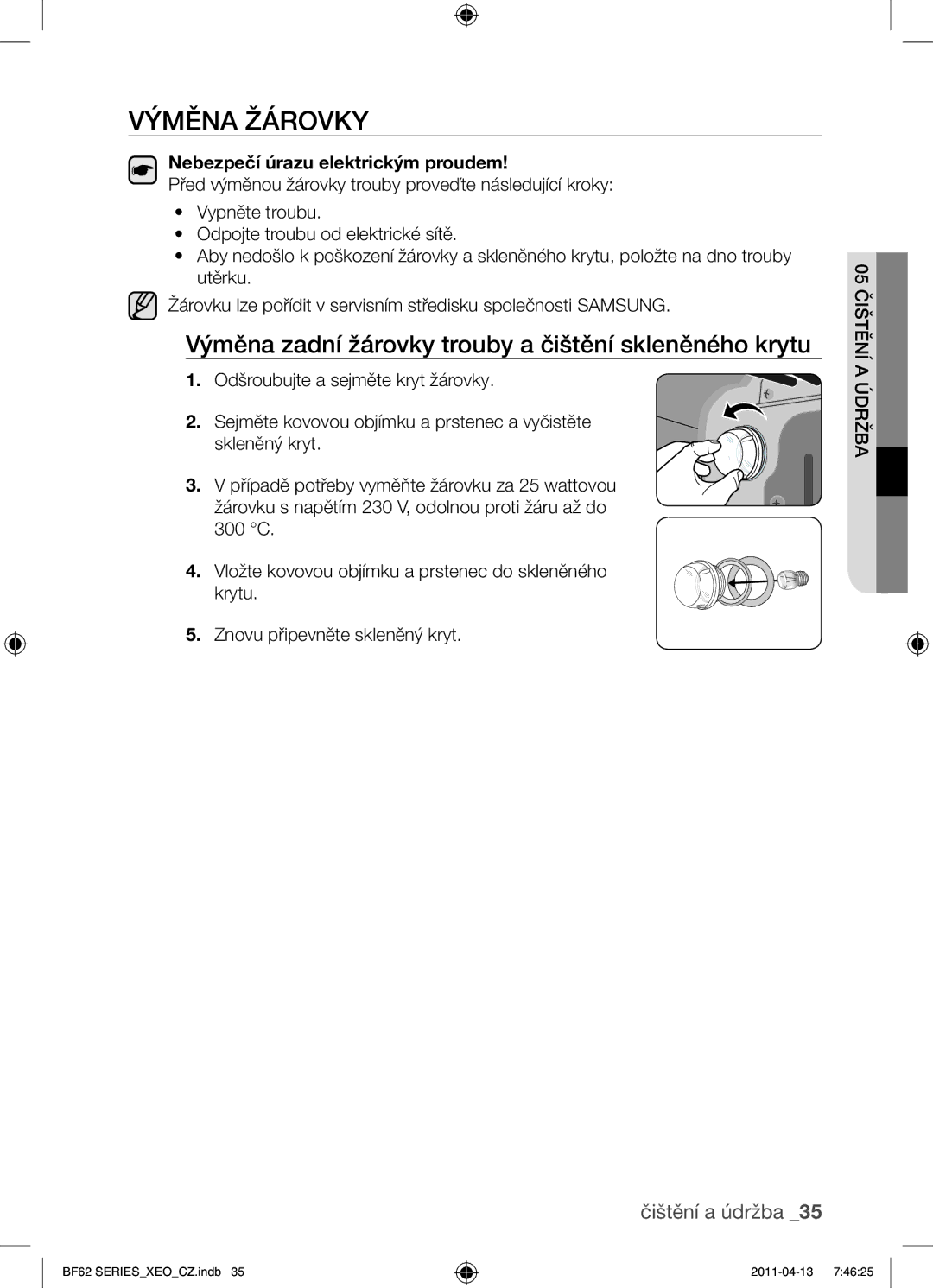 Samsung BF62TCST/XEO, BF62TCST/XEG manual Výměna žárovky, Výměna zadní žárovky trouby a čištění skleněného krytu 