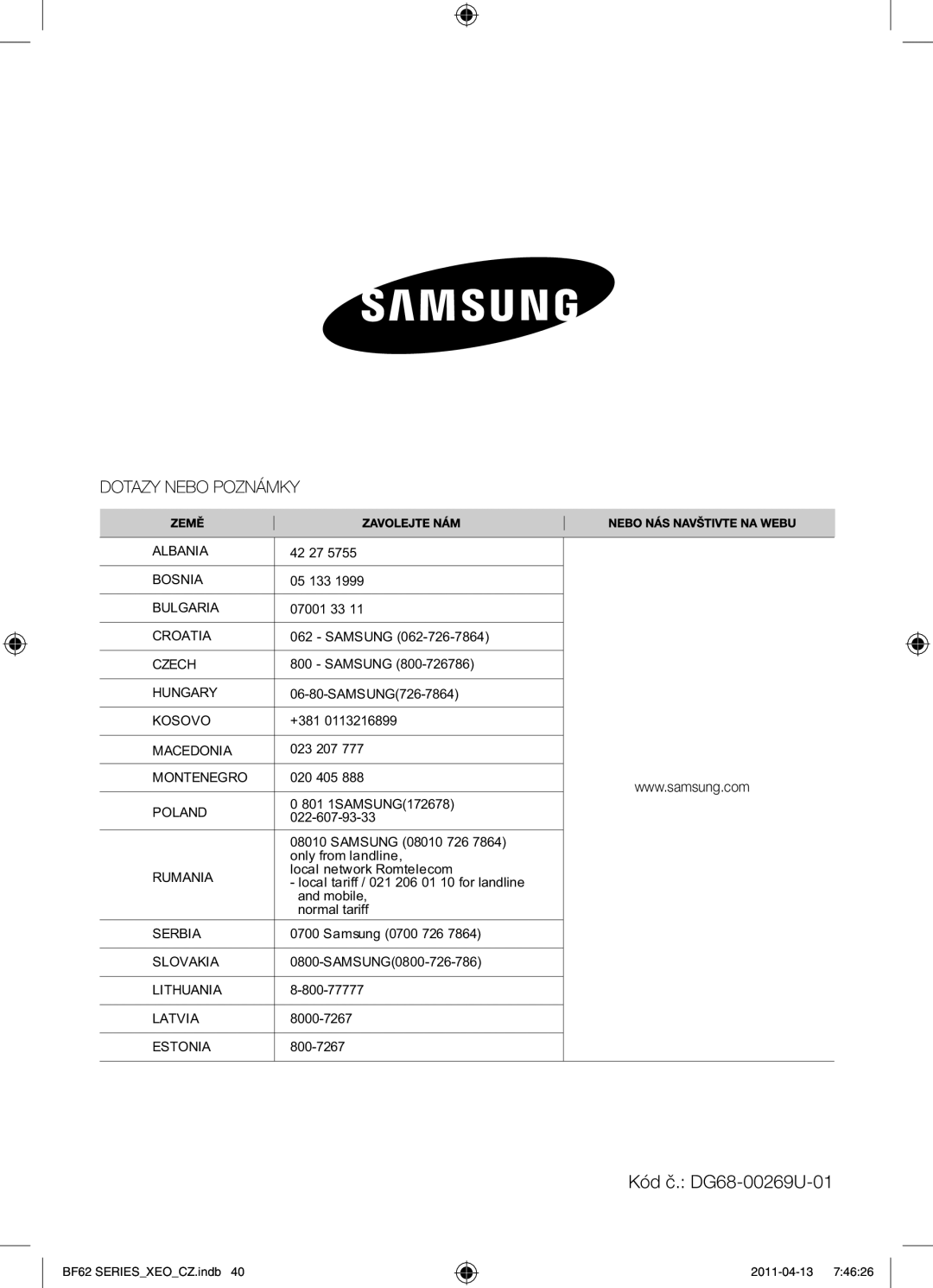 Samsung BF62TCST/XEG, BF62TCST/XEO manual Kód č. DG68-00269U-01 