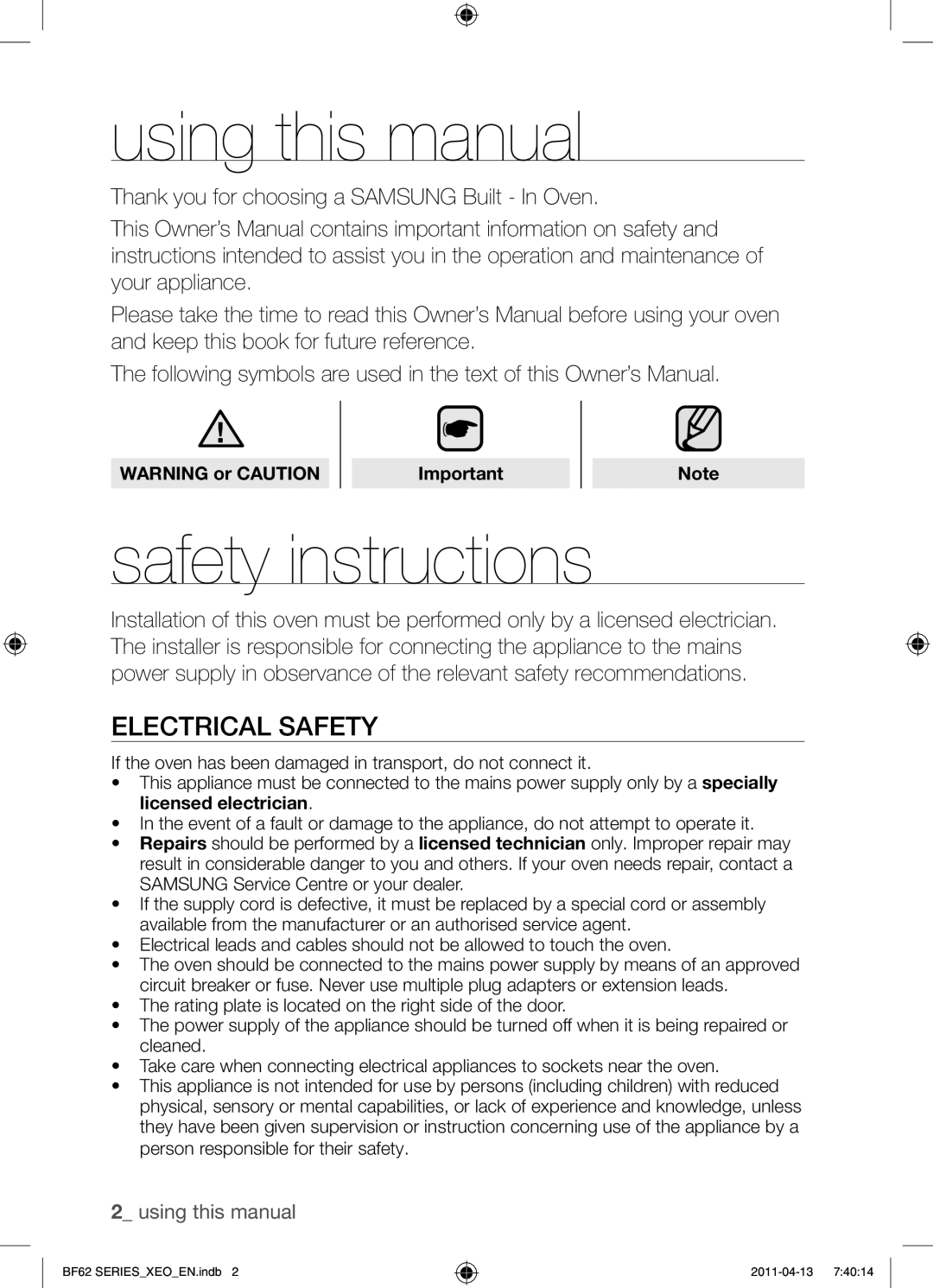 Samsung BF62TCST/XEG, BF62TCST/XEO Using this manual, Safety instructions, Electrical safety 