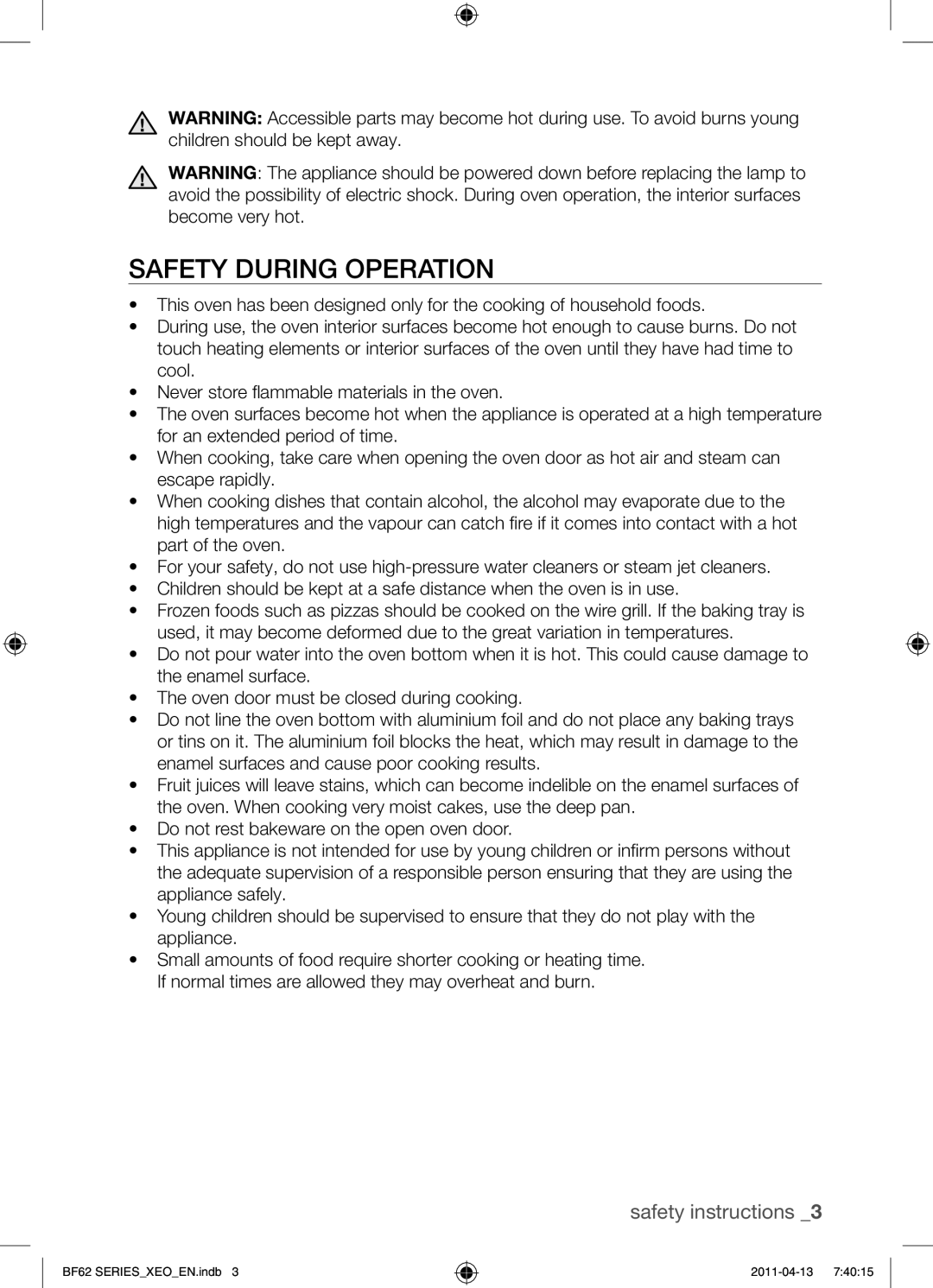 Samsung BF62TCST/XEO, BF62TCST/XEG manual Safety during operation 