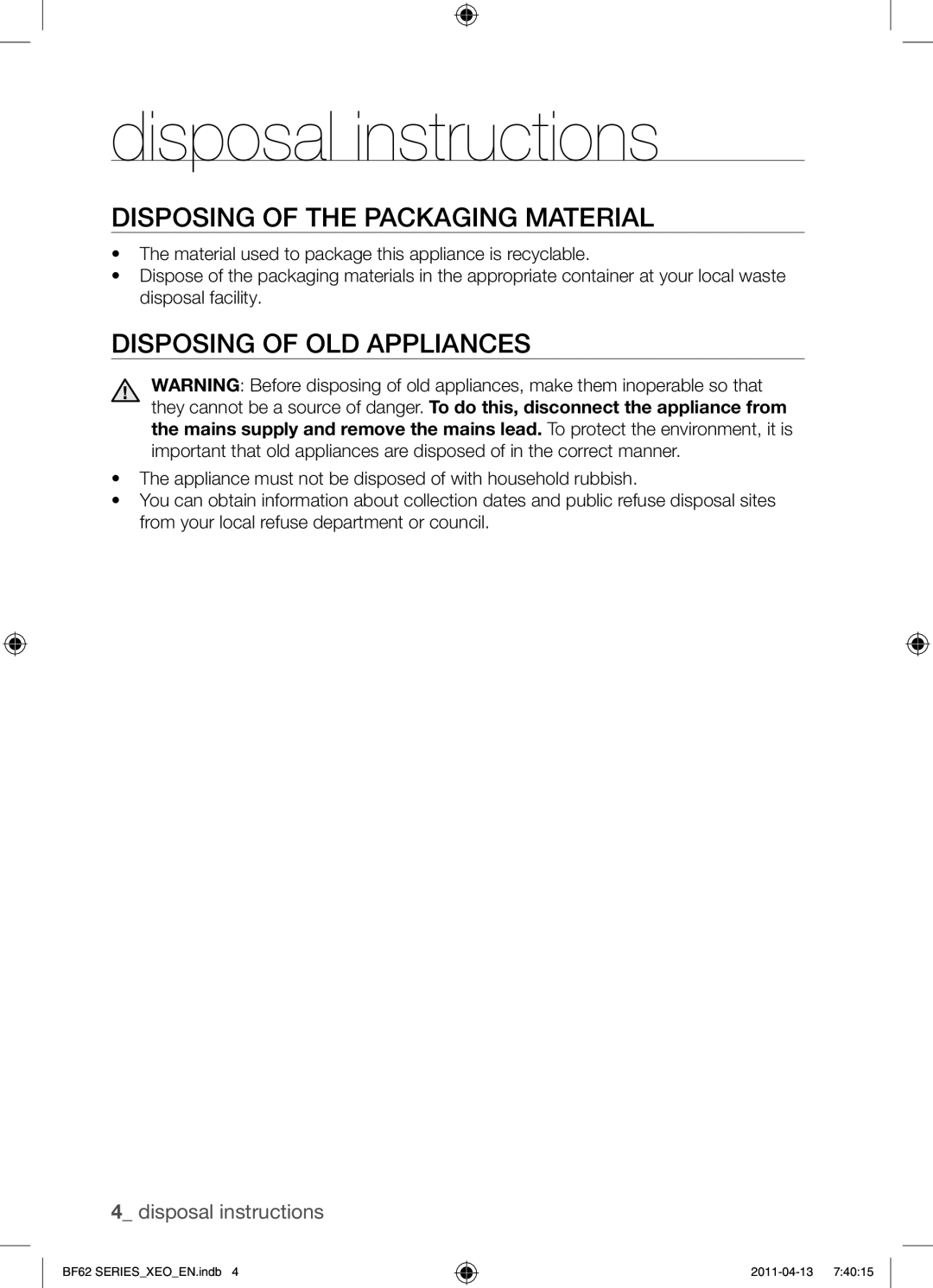 Samsung BF62TCST/XEG, BF62TCST/XEO Disposal instructions, Disposing of the packaging material, Disposing of old appliances 