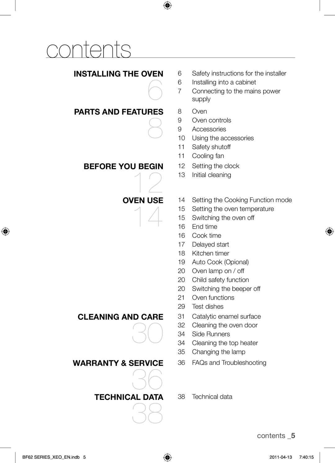 Samsung BF62TCST/XEO, BF62TCST/XEG manual Contents 