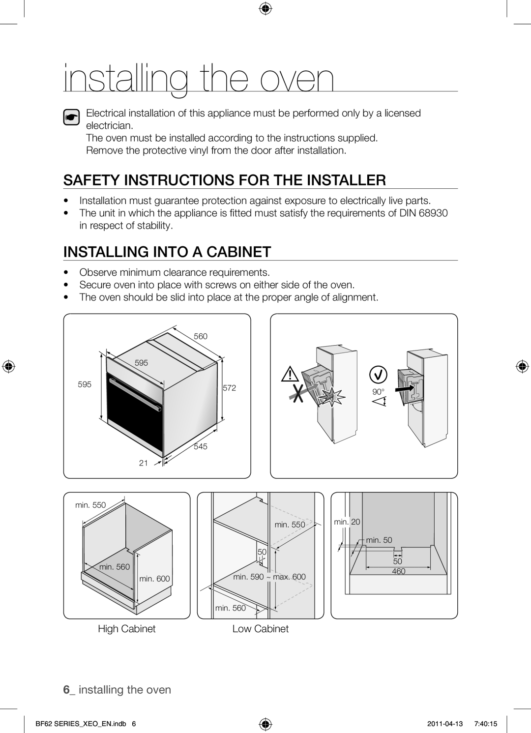 Samsung BF62TCST/XEG Installing the oven, Safety instructions for the installer, Installing into a cabinet, High Cabinet 