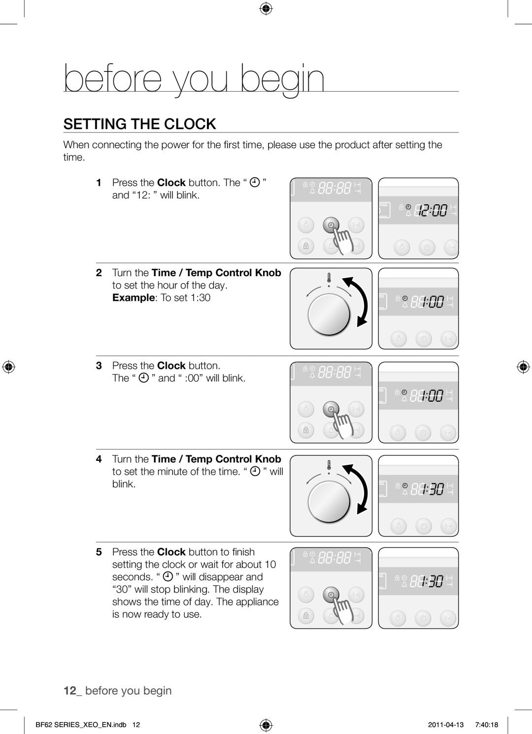 Samsung BF62TCST/XEG manual Before you begin, Setting the clock, Example To set Press the Clock button 00 will blink 