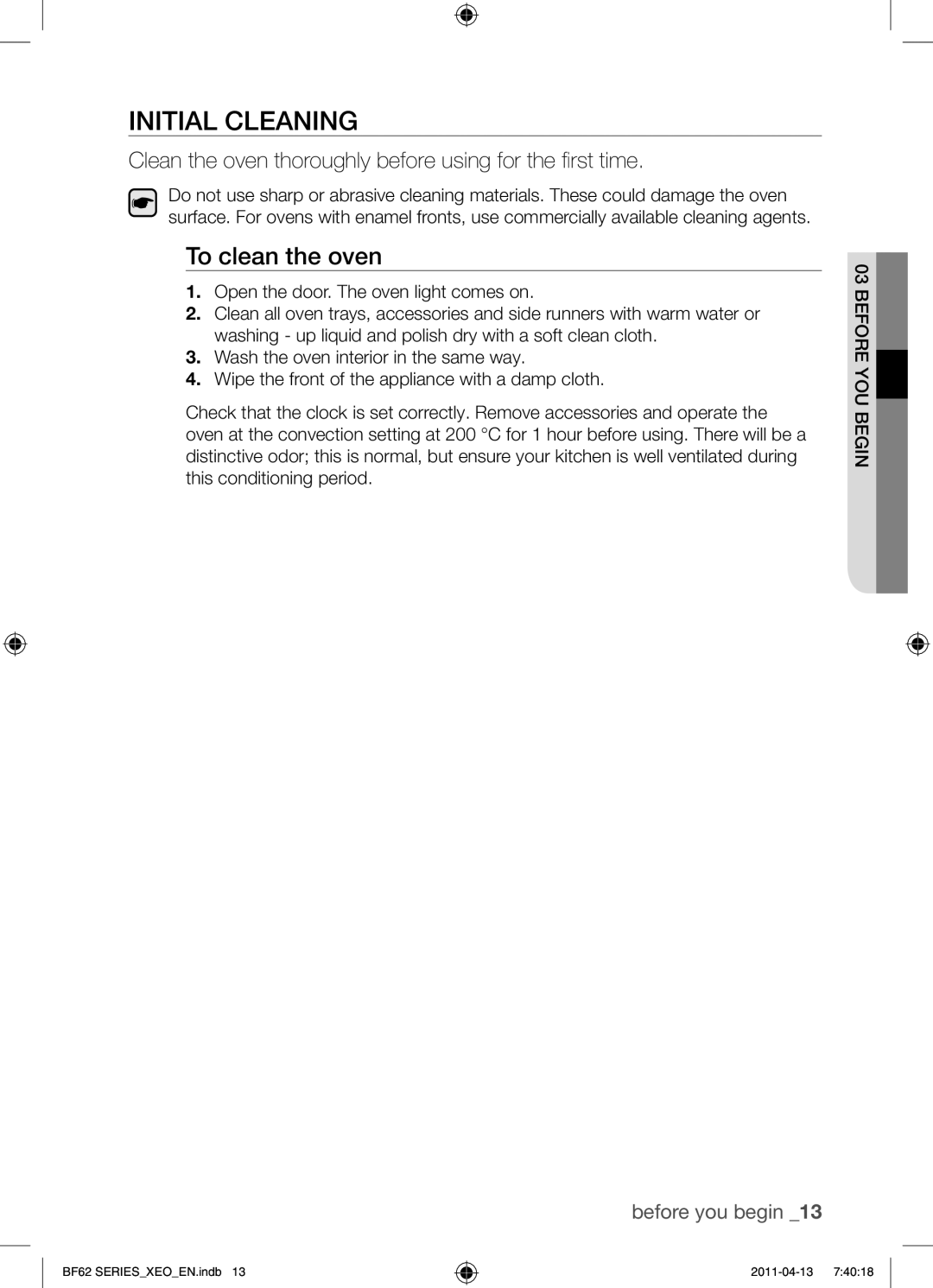 Samsung BF62TCST/XEO, BF62TCST/XEG manual Initial cleaning, To clean the oven, Ge You Breo ef 03 B 