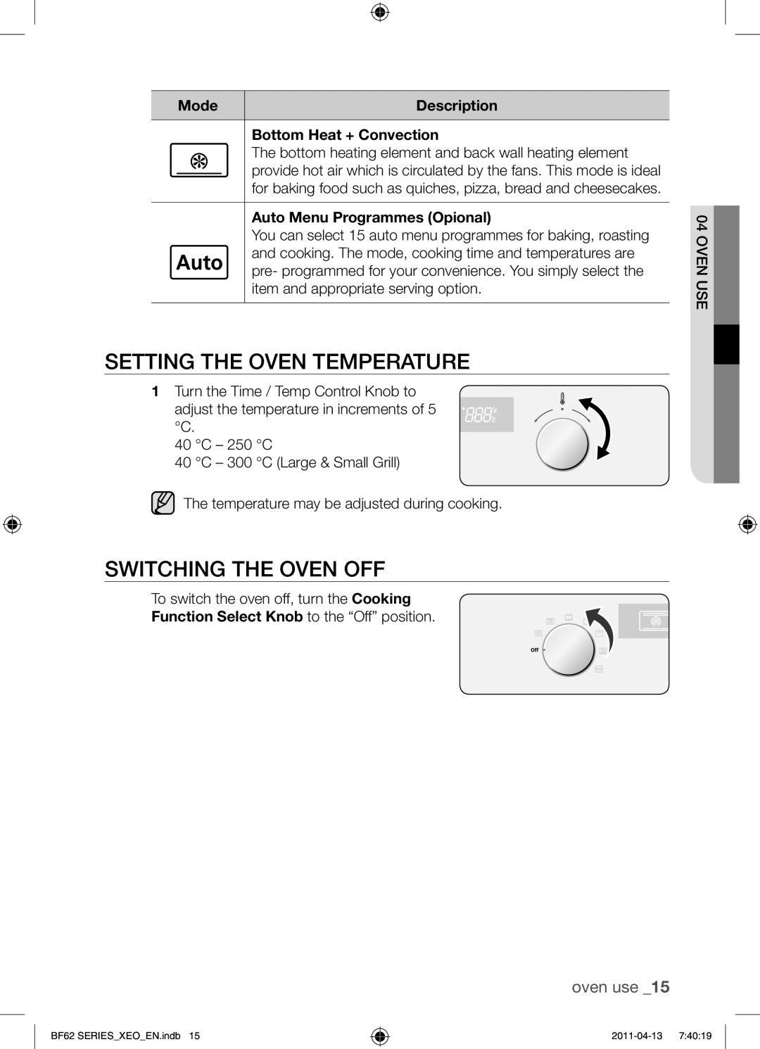 Samsung BF62TCST/XEO, BF62TCST/XEG manual Setting the oven temperature, Switching the oven off 