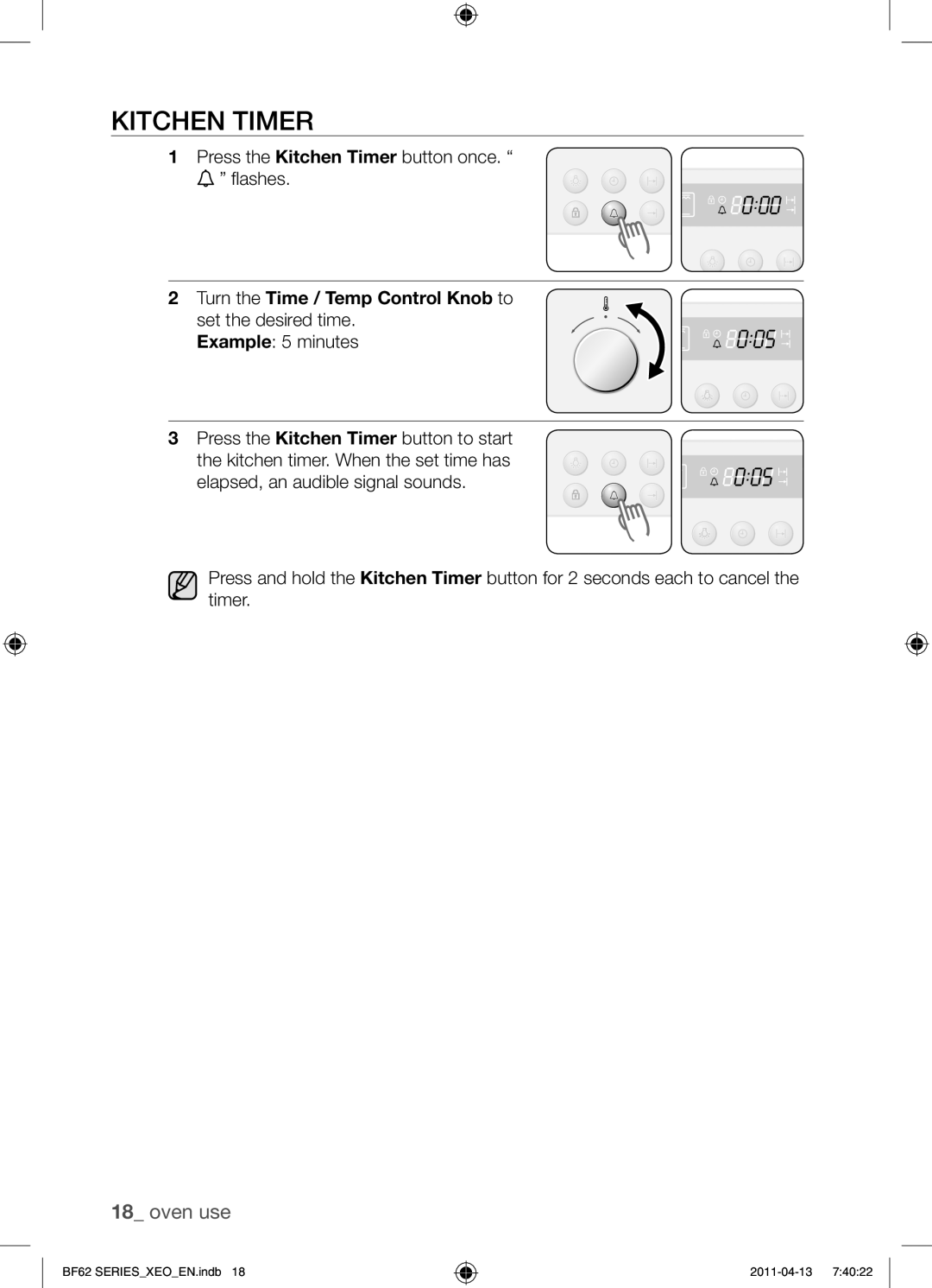 Samsung BF62TCST/XEG, BF62TCST/XEO manual Kitchen timer, Press the Kitchen Timer button once Flashes, Example 5 minutes 