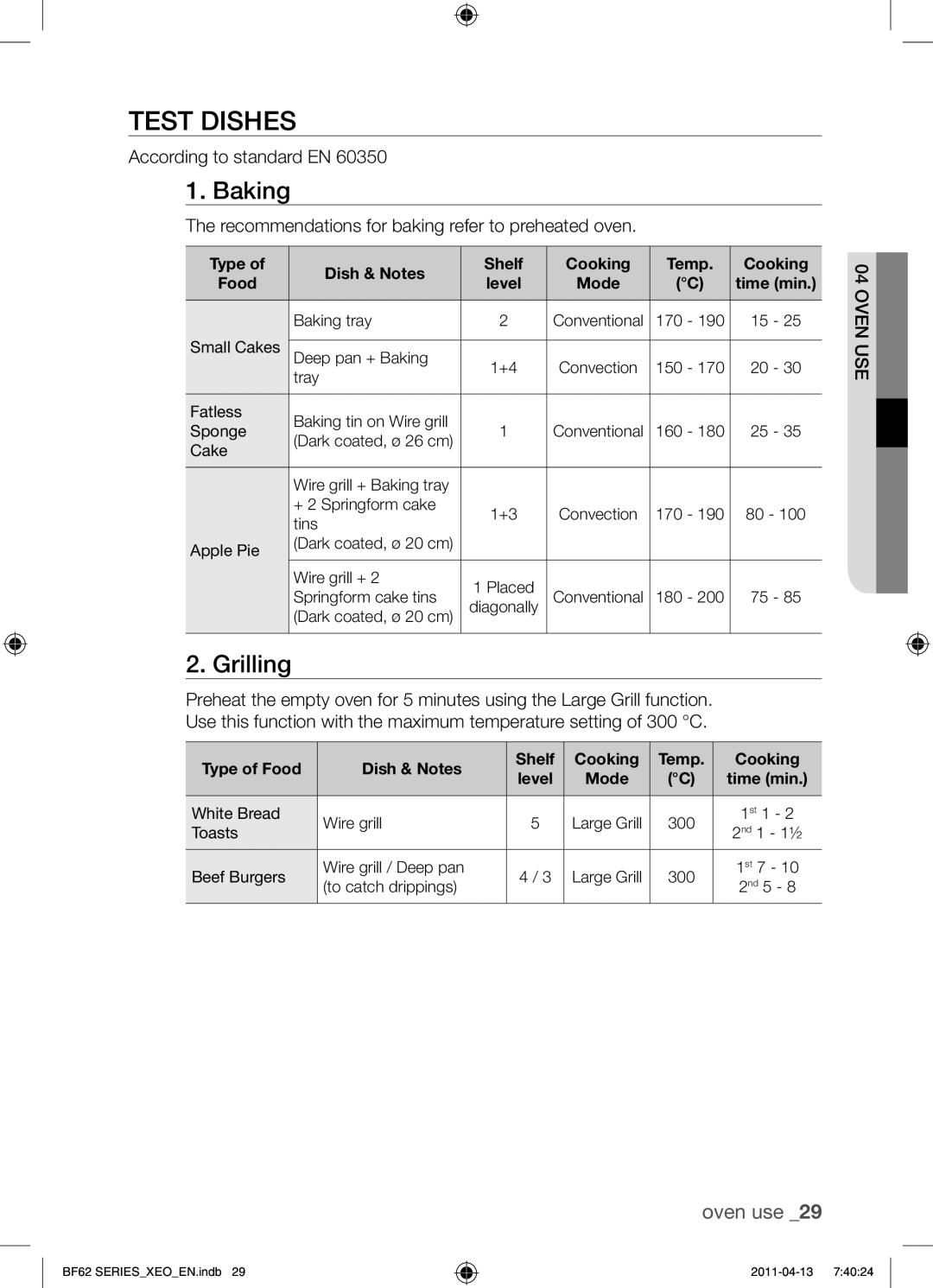 Samsung BF62TCST/XEO, BF62TCST/XEG manual Test dishes, Baking, Grilling, According to standard EN 