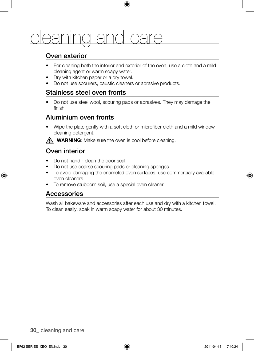 Samsung BF62TCST/XEG, BF62TCST/XEO manual Cleaning and care 