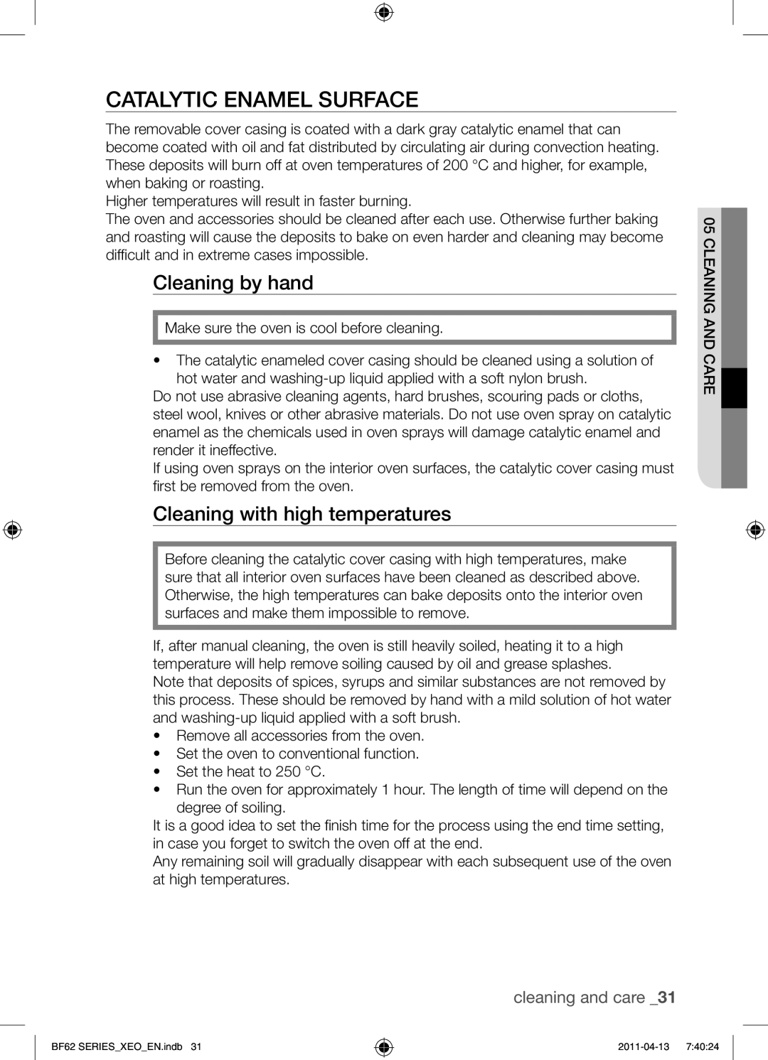 Samsung BF62TCST/XEO, BF62TCST/XEG manual Catalytic enamel surface, Cleaning by hand, Cleaning with high temperatures 