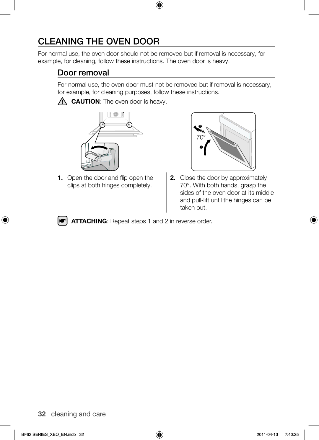 Samsung BF62TCST/XEG, BF62TCST/XEO manual Cleaning the oven door, Door removal 